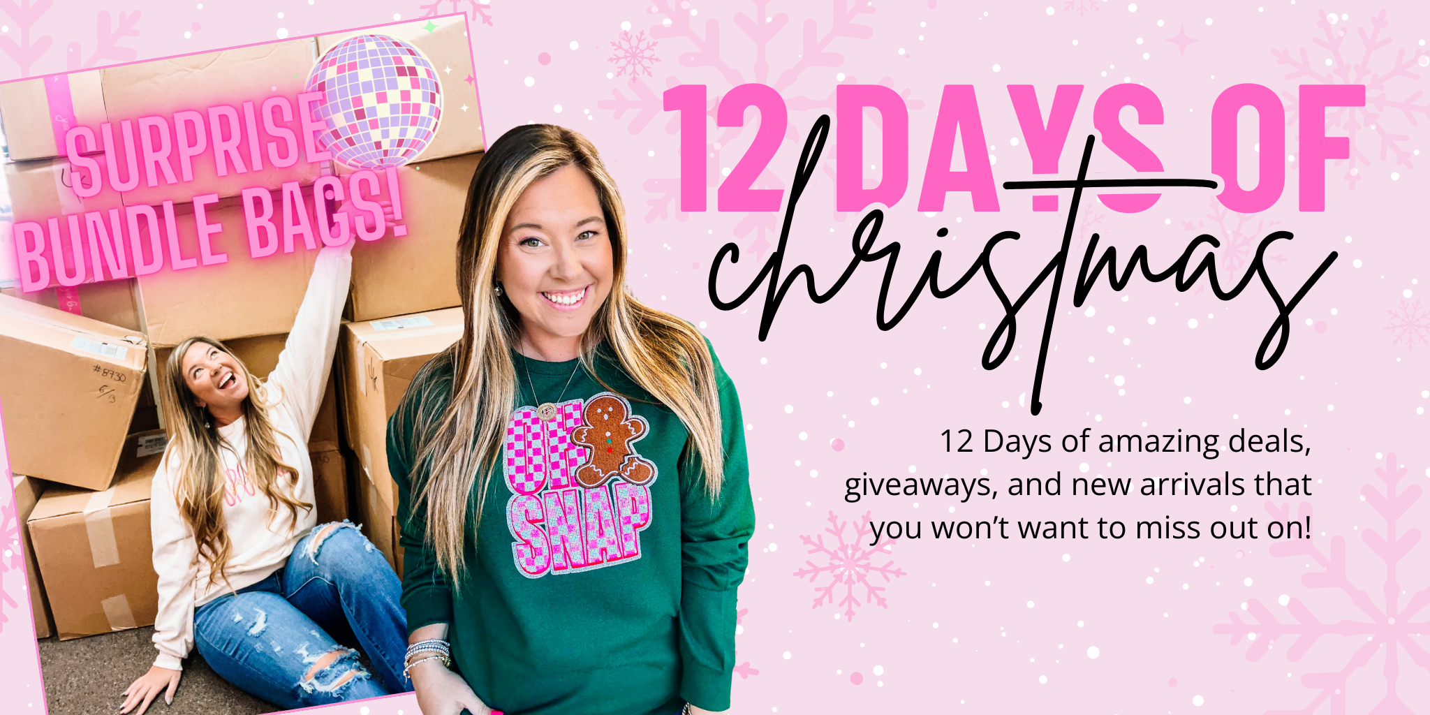 Promotional graphic for '12 Days of Christmas' with two people and text on a pink background | Dear Me Southern Boutique