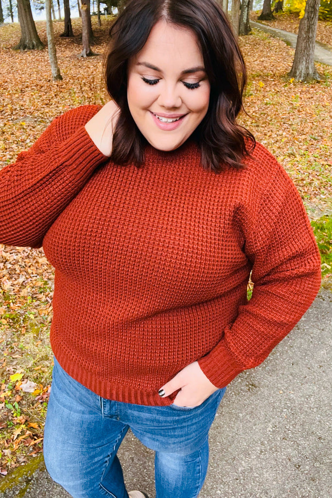 All Put Together Dark Rust Waffle Knit Hi-Low Sweater-Dear Me Southern Boutique, located in DeRidder, Louisiana