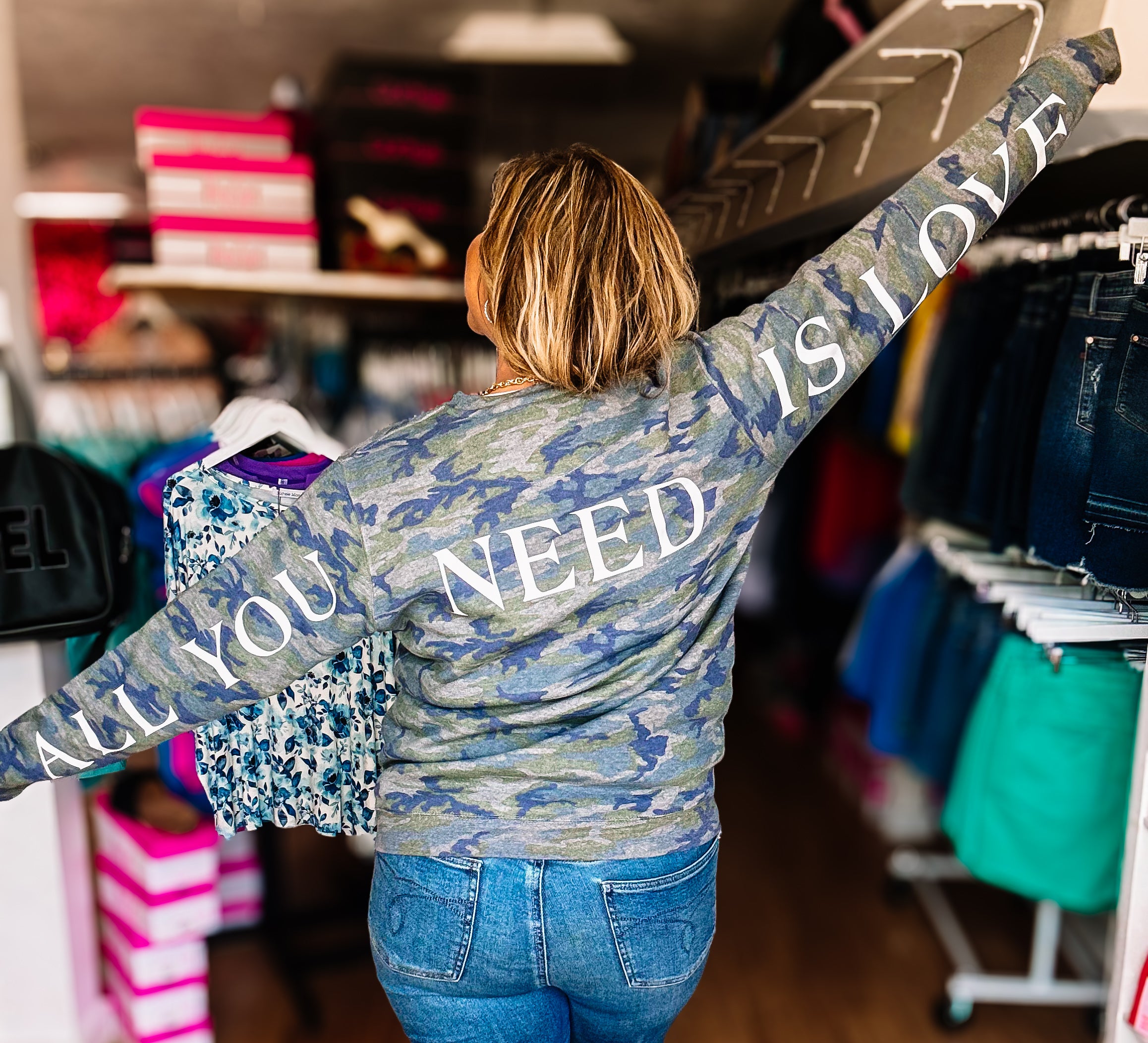 All You Need Is Love Camo Large Print Sweatshirt-Sweatshirts-Dear Me Southern Boutique, located in DeRidder, Louisiana