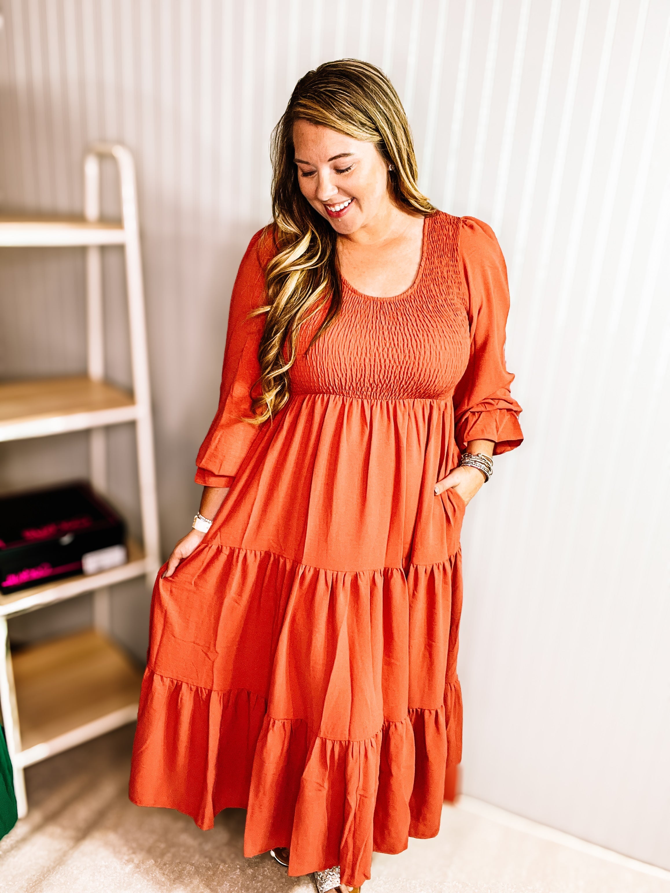 All Yours Smocked Maxi Dress - Rust-Maxi Dresses-Dear Me Southern Boutique, located in DeRidder, Louisiana