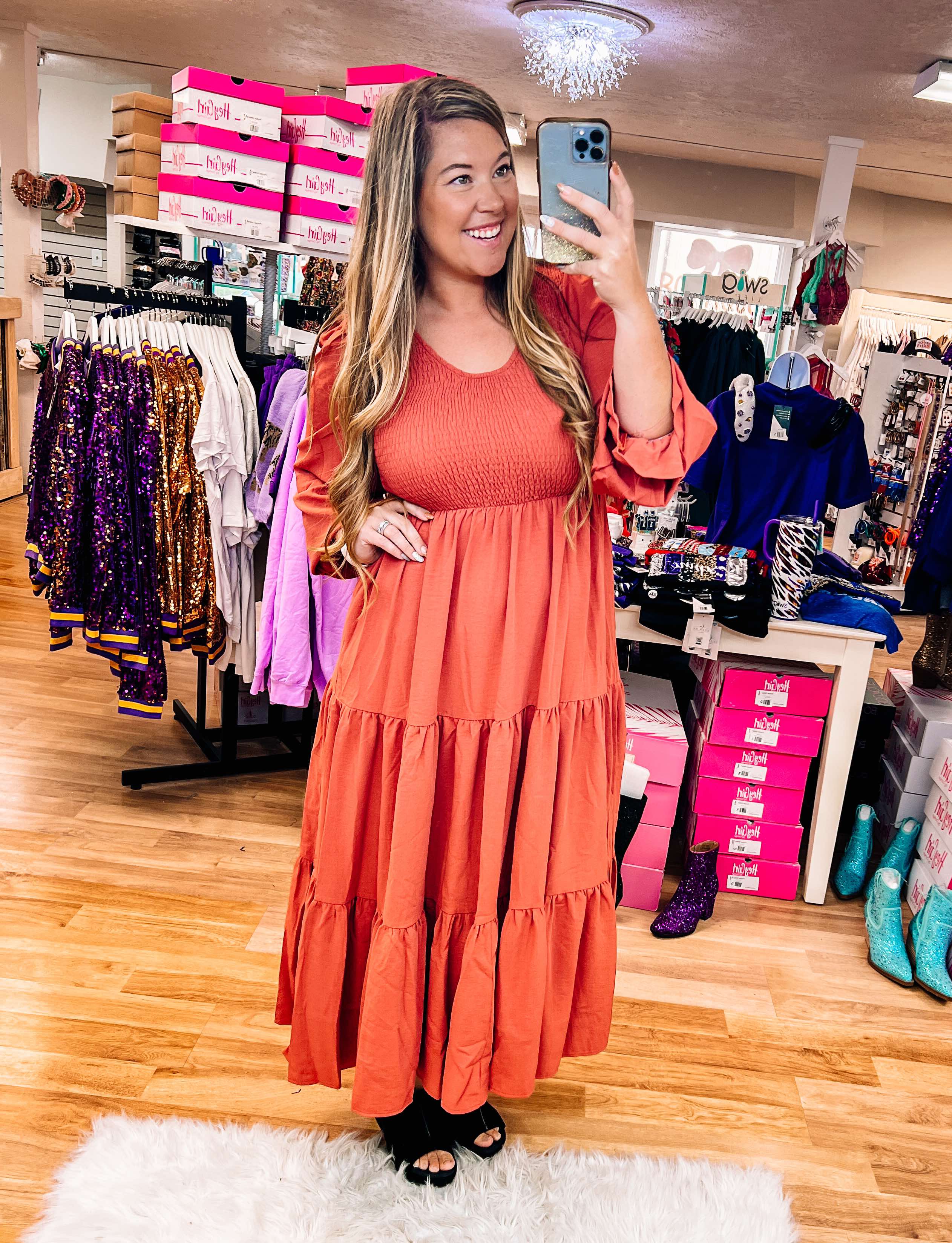 All Yours Smocked Maxi Dress - Rust-Maxi Dresses-Dear Me Southern Boutique, located in DeRidder, Louisiana