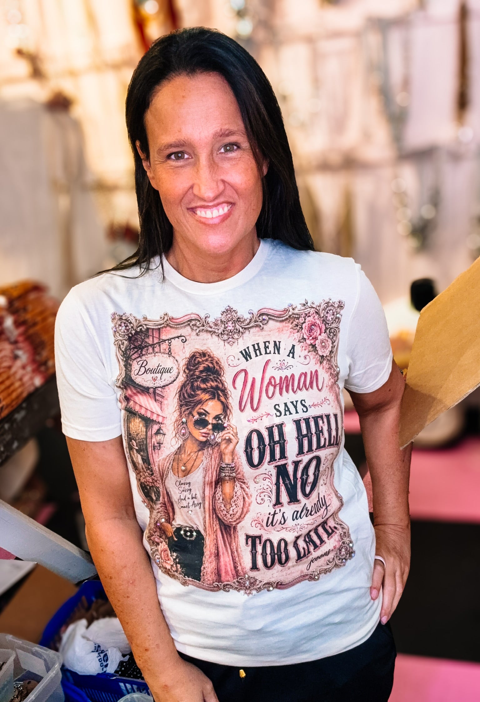 Already Too Late Bougie Rhinestone Tee-Graphic Tees-Dear Me Southern Boutique, located in DeRidder, Louisiana