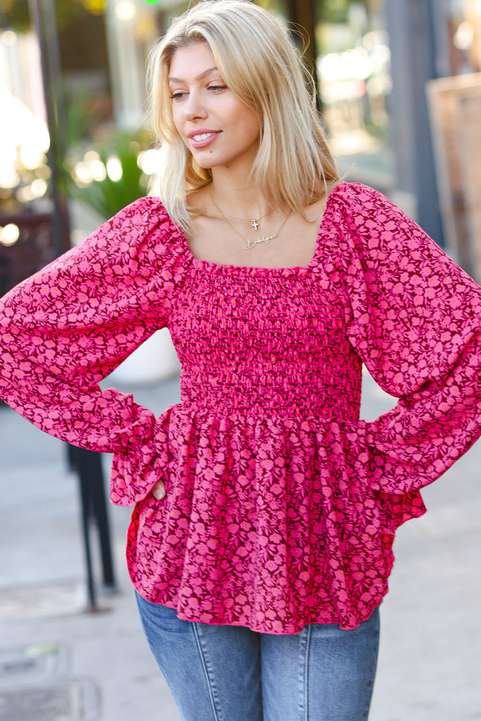 Always With You Fuchsia Smocked Ditzy Floral Ruffle Top-Dear Me Southern Boutique, located in DeRidder, Louisiana