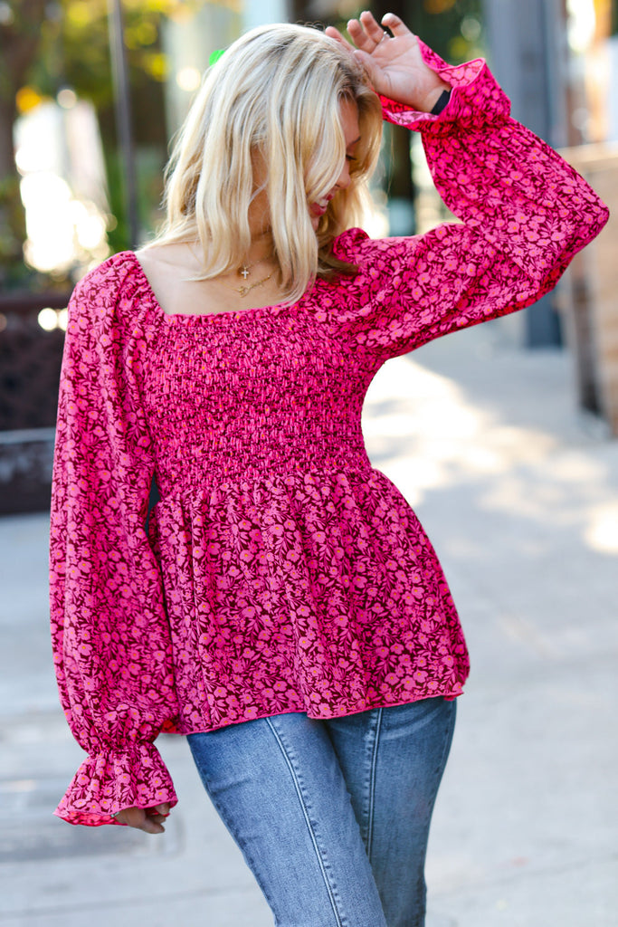Always With You Fuchsia Smocked Ditzy Floral Ruffle Top-Dear Me Southern Boutique, located in DeRidder, Louisiana