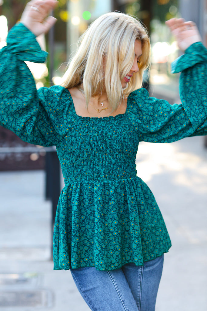 Always With You Teal Smocked Ditzy Floral Ruffle Top-Dear Me Southern Boutique, located in DeRidder, Louisiana
