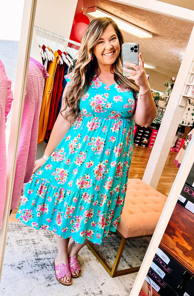 Aqua Floral Elastic Waist Fit & Flare Ruffle Midi Dress-Dresses-Dear Me Southern Boutique, located in DeRidder, Louisiana