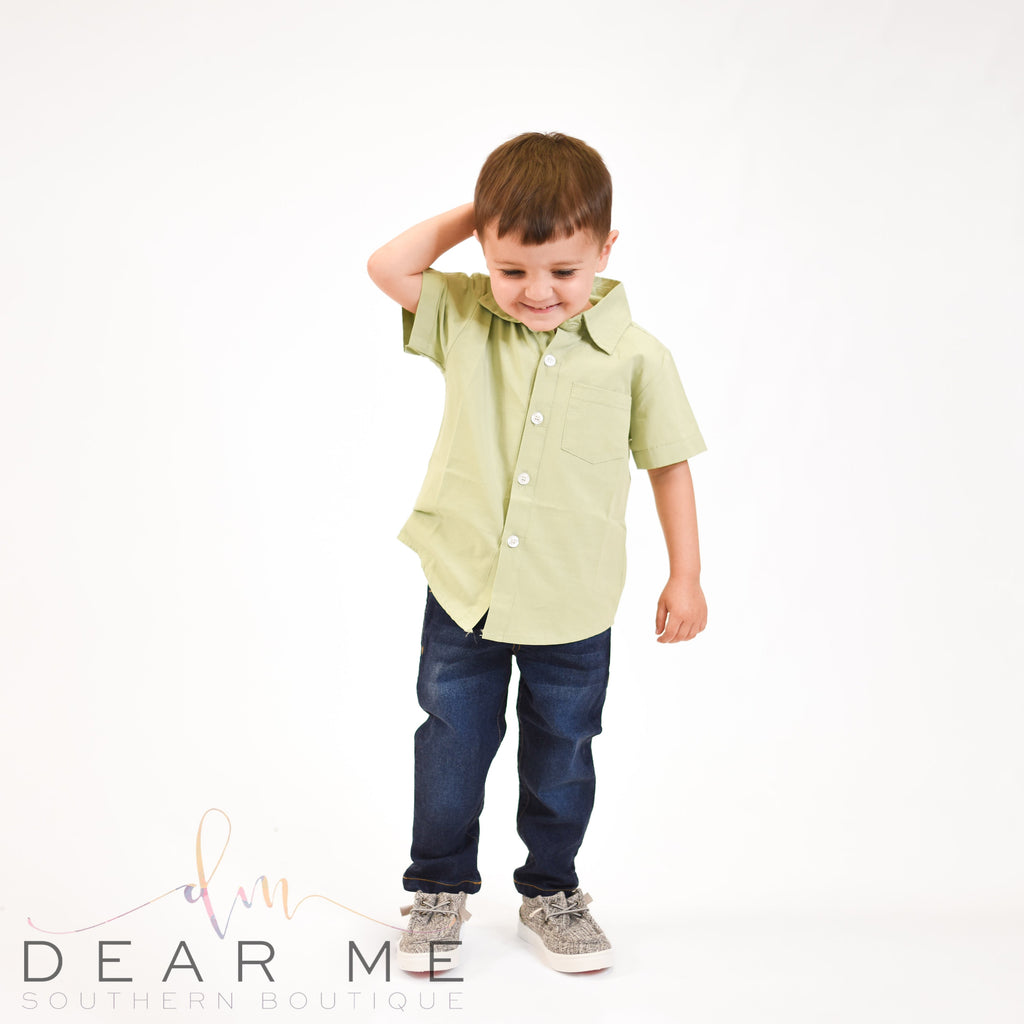 Arlo Boys Button Down Shirt - Sage Green-Kids-Dear Me Southern Boutique, located in DeRidder, Louisiana