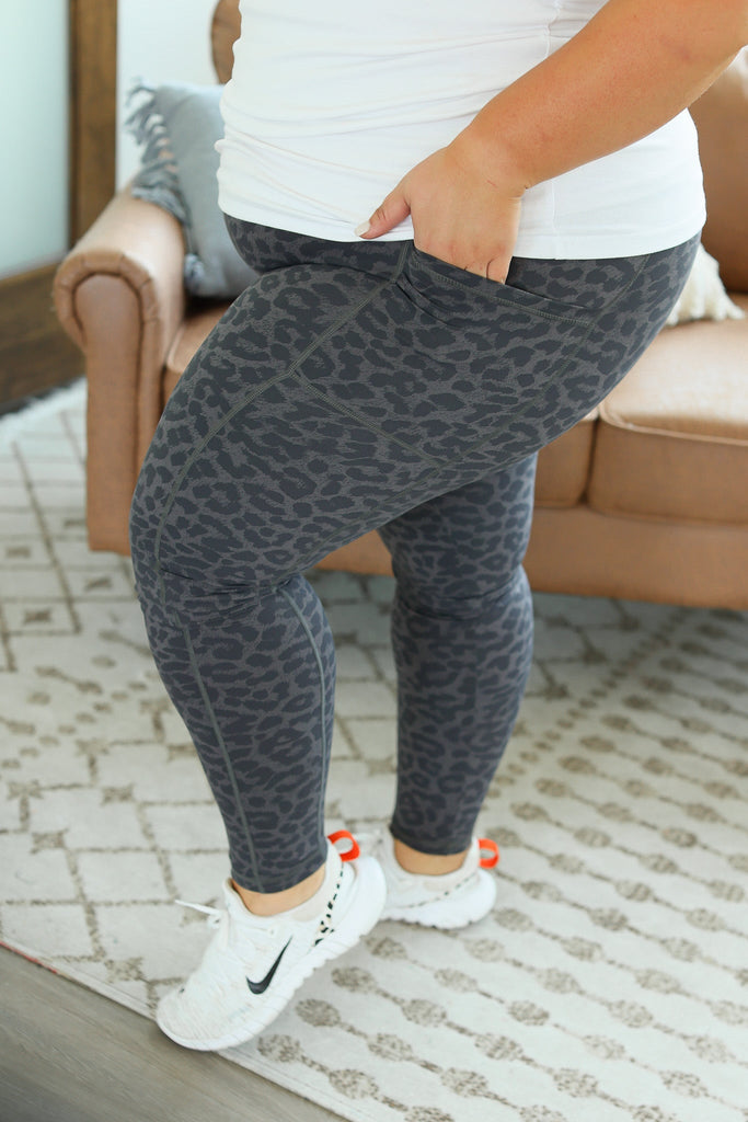 Athleisure Leggings - Charcoal Leopard-Dear Me Southern Boutique, located in DeRidder, Louisiana