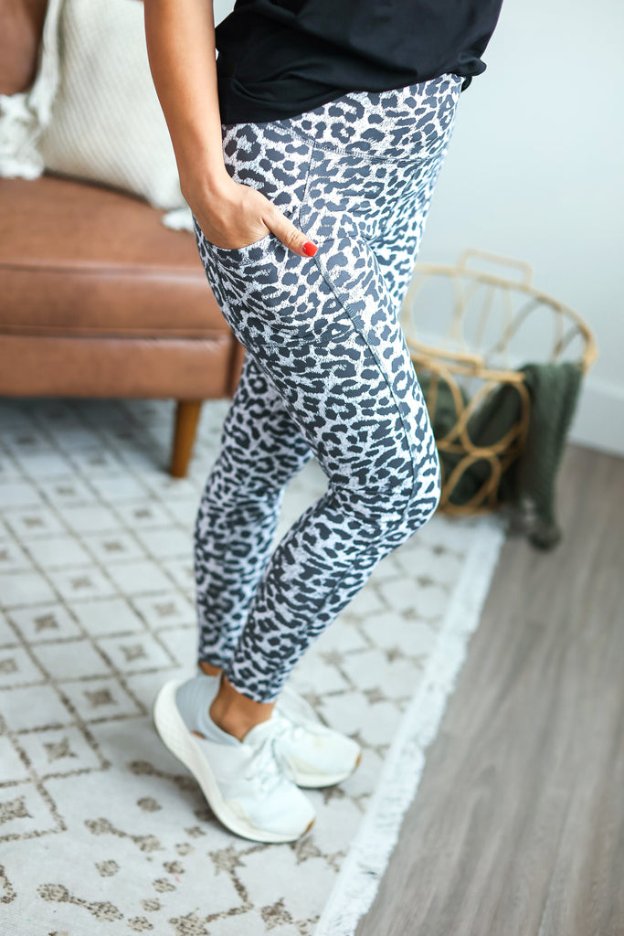 Athleisure Pocket Leggings - Snow Leopard-Dear Me Southern Boutique, located in DeRidder, Louisiana