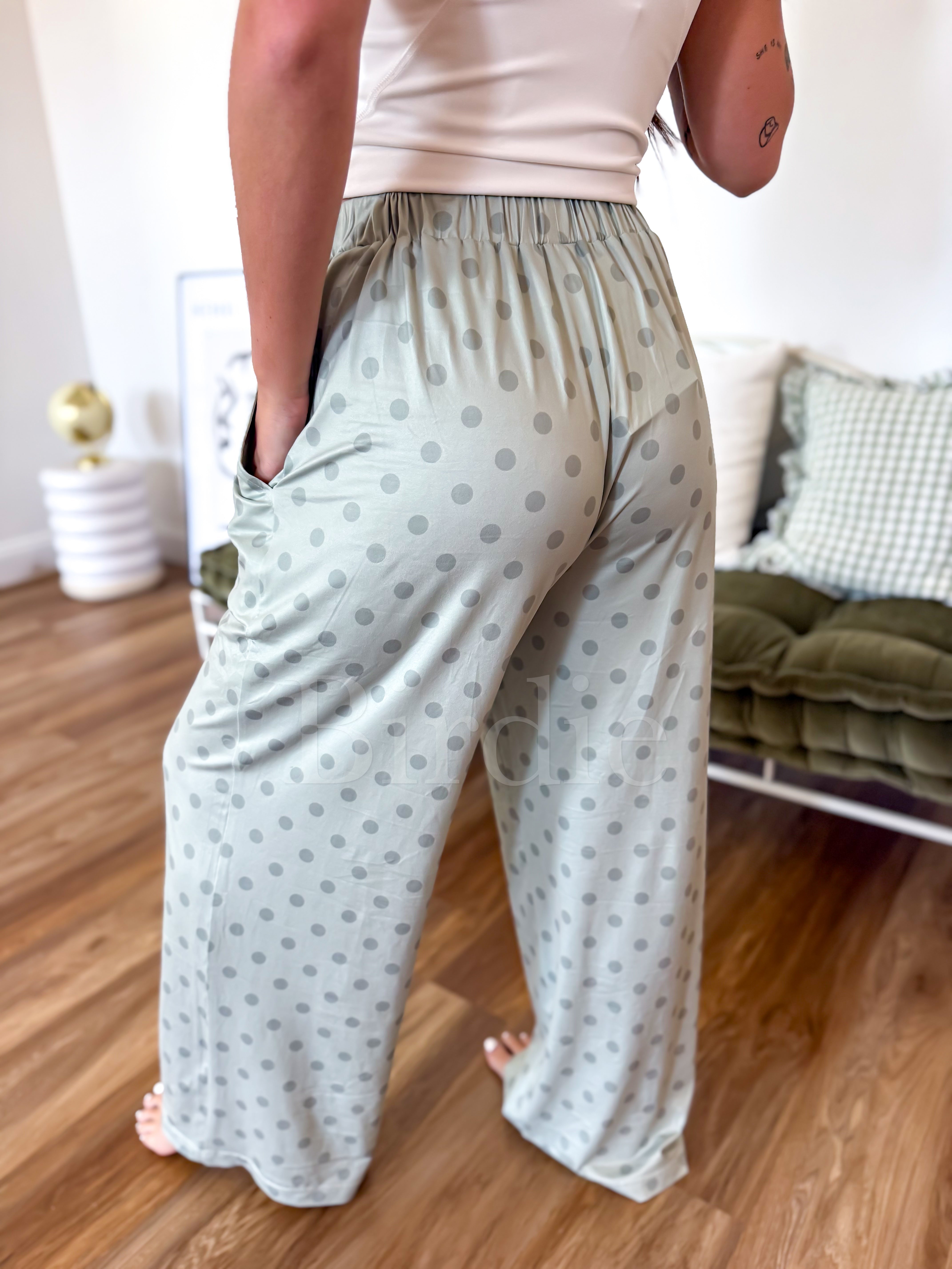 BIRDIE Stretchy Lounge Pants 2.0 in Pistachio Dot-Presales-Dear Me Southern Boutique, located in DeRidder, Louisiana
