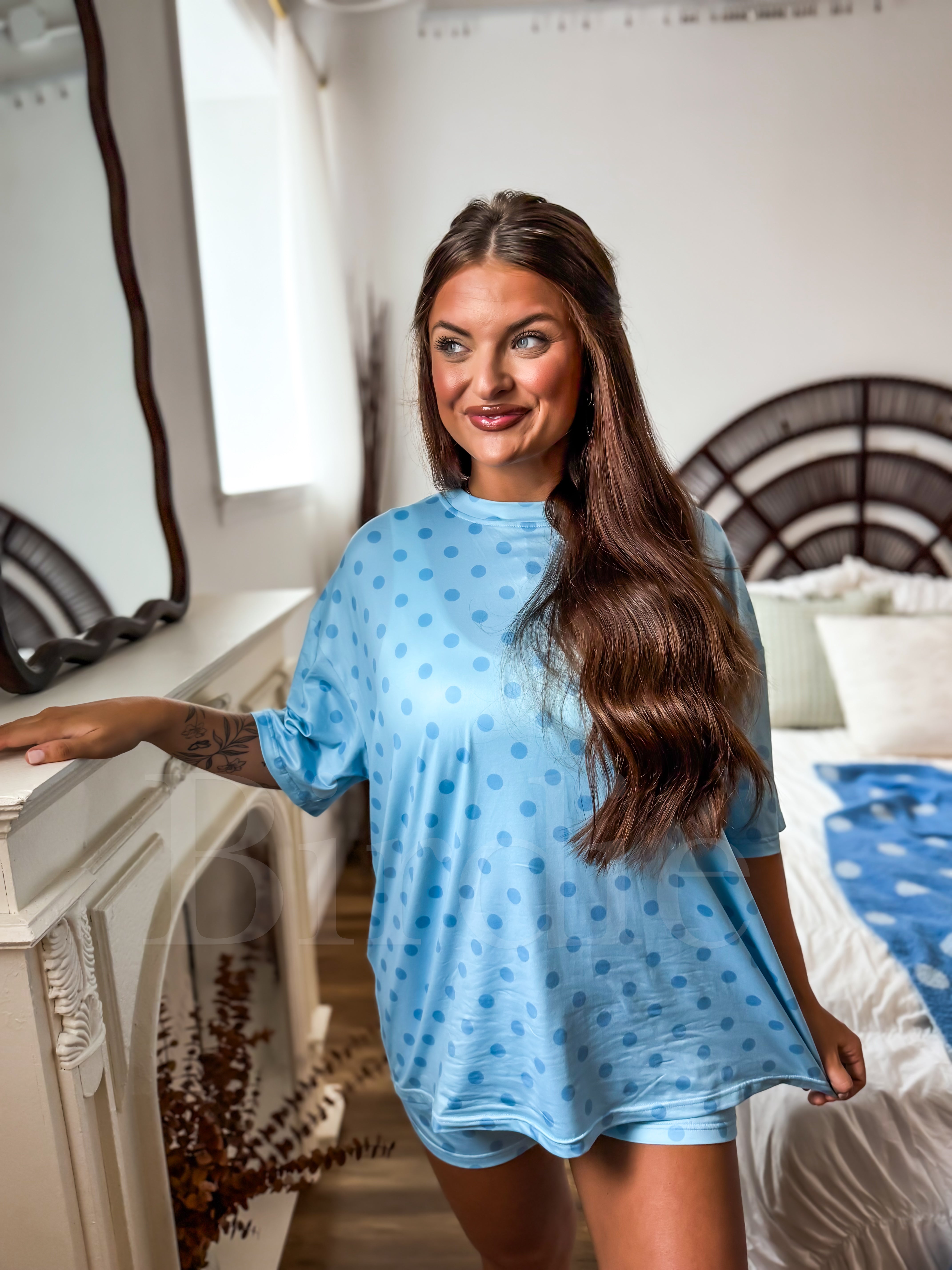 BIRDIE Tee Boxer Short Set in Powder Blue Dot (Sold As Set)-Presales-Dear Me Southern Boutique, located in DeRidder, Louisiana