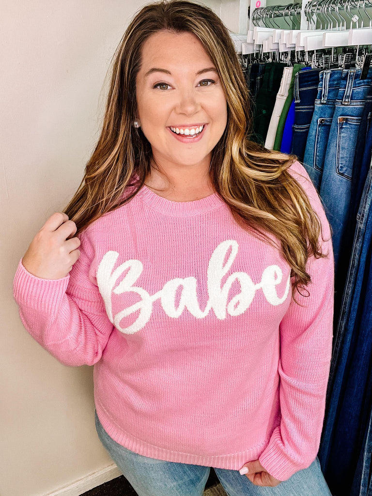 "Babe" Embroidered Knit Sweater-Tops-Dear Me Southern Boutique, located in DeRidder, Louisiana