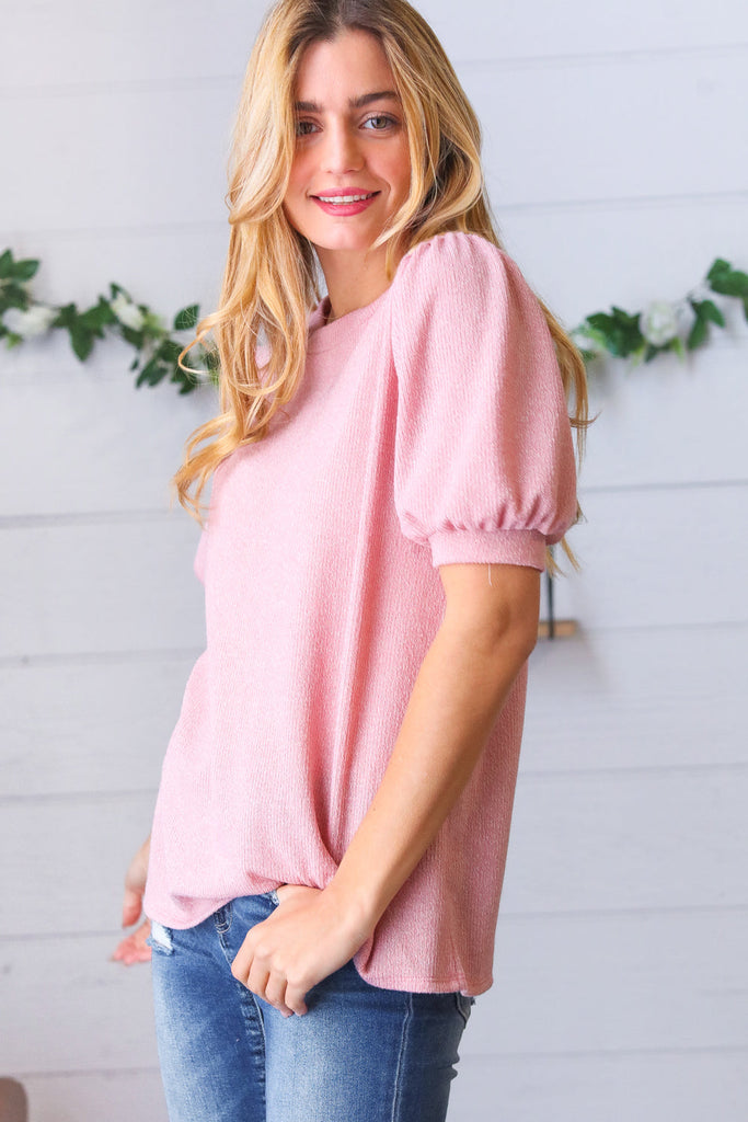 Baby Pink Puff Sleeve Two Tone Sweater Top-Dear Me Southern Boutique, located in DeRidder, Louisiana