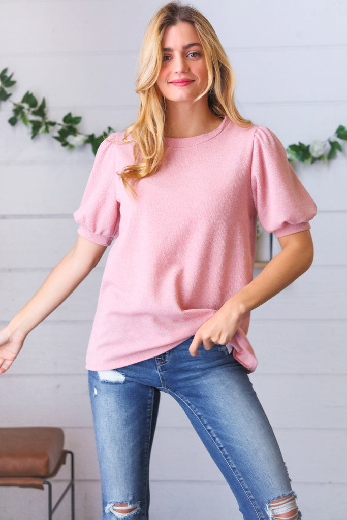 Baby Pink Puff Sleeve Two Tone Sweater Top-Dear Me Southern Boutique, located in DeRidder, Louisiana