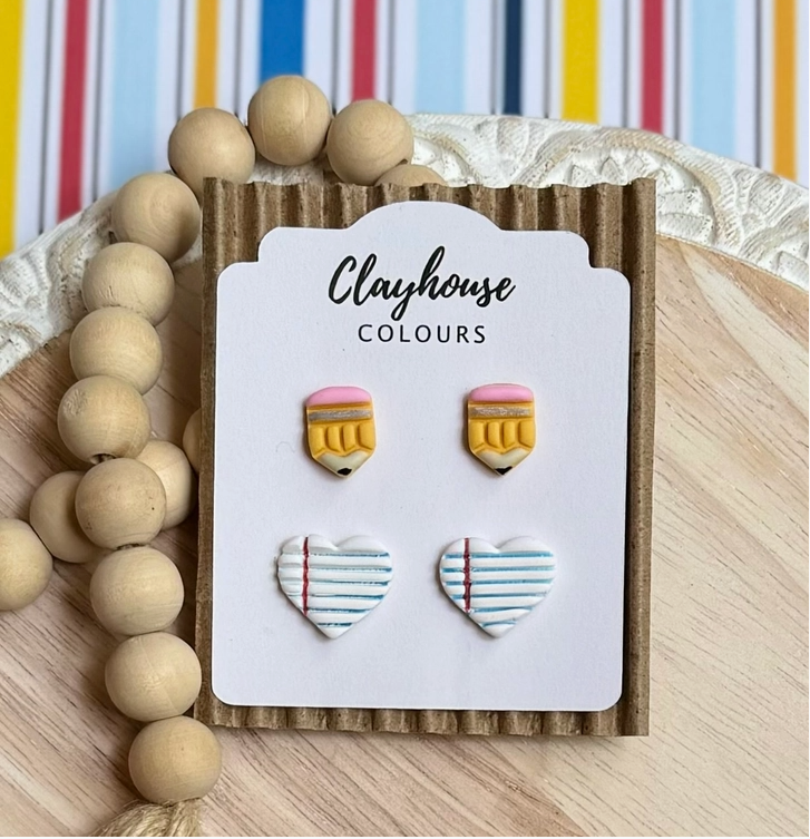 Back To School Clay Stud Set - Notebook/Pencils-Earrings-Dear Me Southern Boutique, located in DeRidder, Louisiana