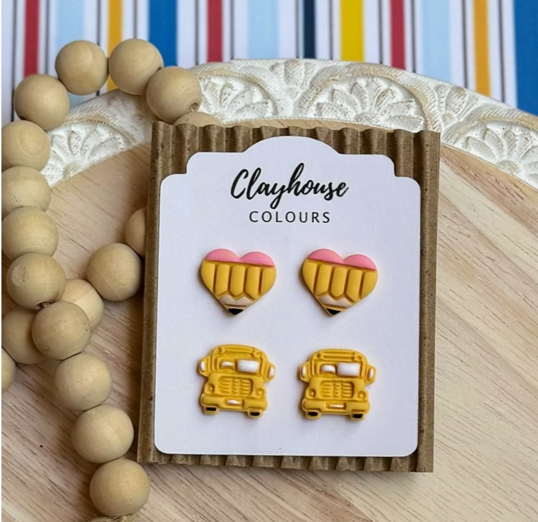 Back To School Clay Stud Set - Pencils/Buses-Earrings-Dear Me Southern Boutique, located in DeRidder, Louisiana