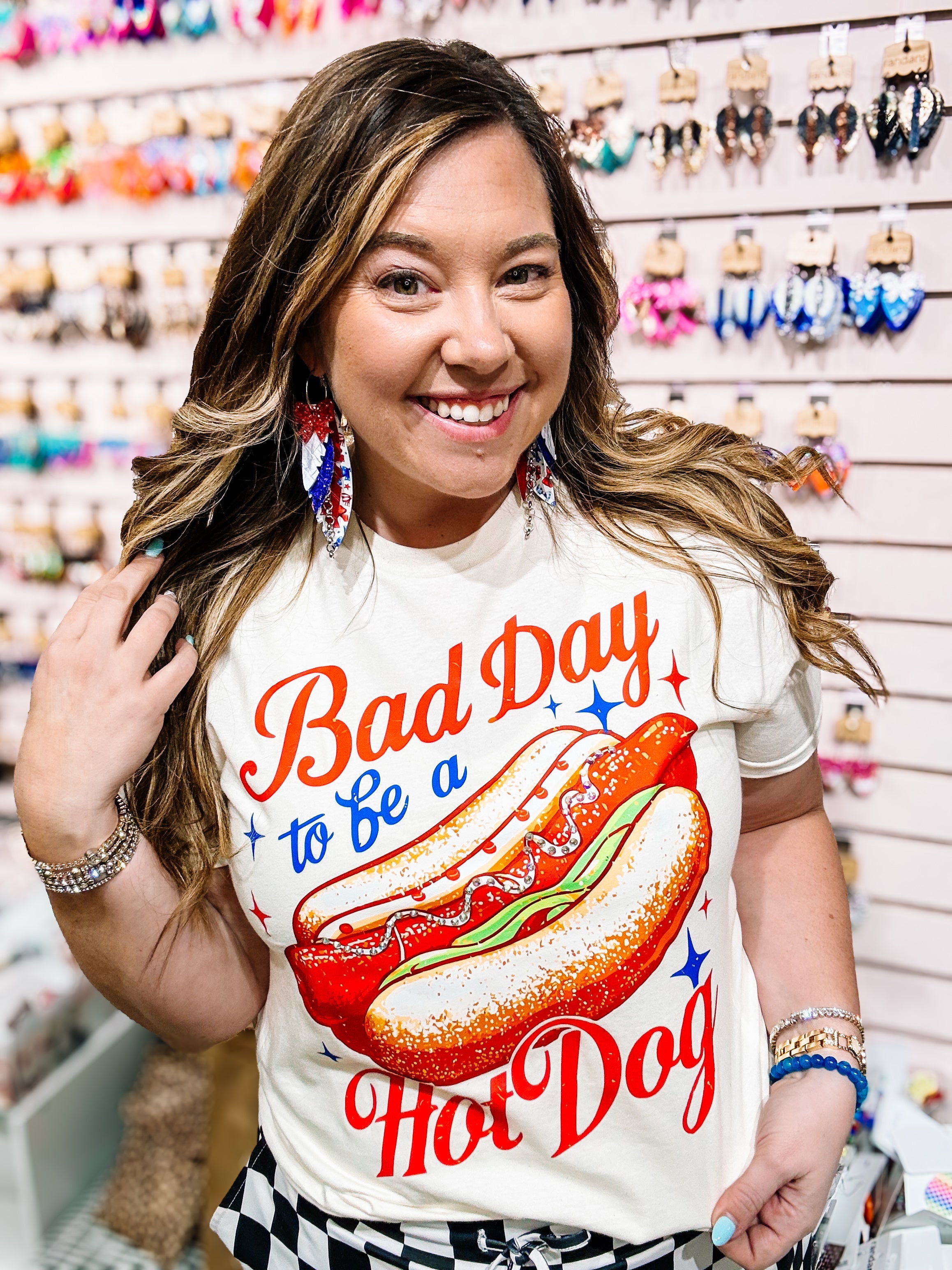 Bad Day to be a Hot Dog Rhinestone Tee-Graphic Tees-Dear Me Southern Boutique, located in DeRidder, Louisiana