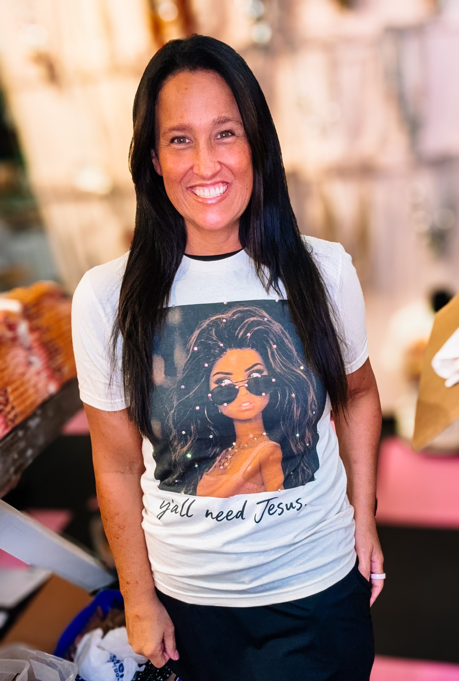 Barbie Said Bougie Rhinestone Tee-Graphic Tees-Dear Me Southern Boutique, located in DeRidder, Louisiana