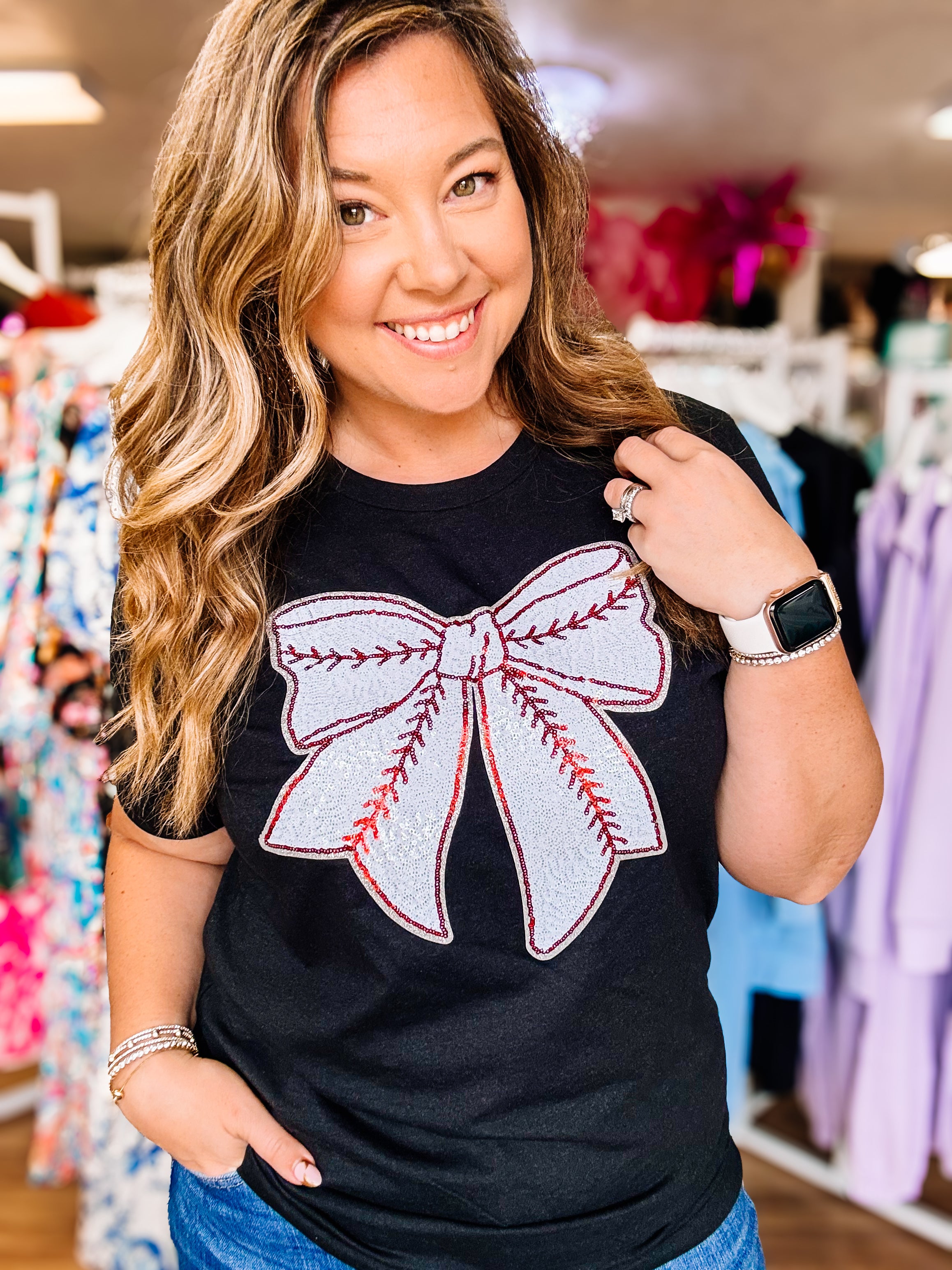 Bases Loaded Baseball Bow Tee-Graphic Tops-Dear Me Southern Boutique, located in DeRidder, Louisiana