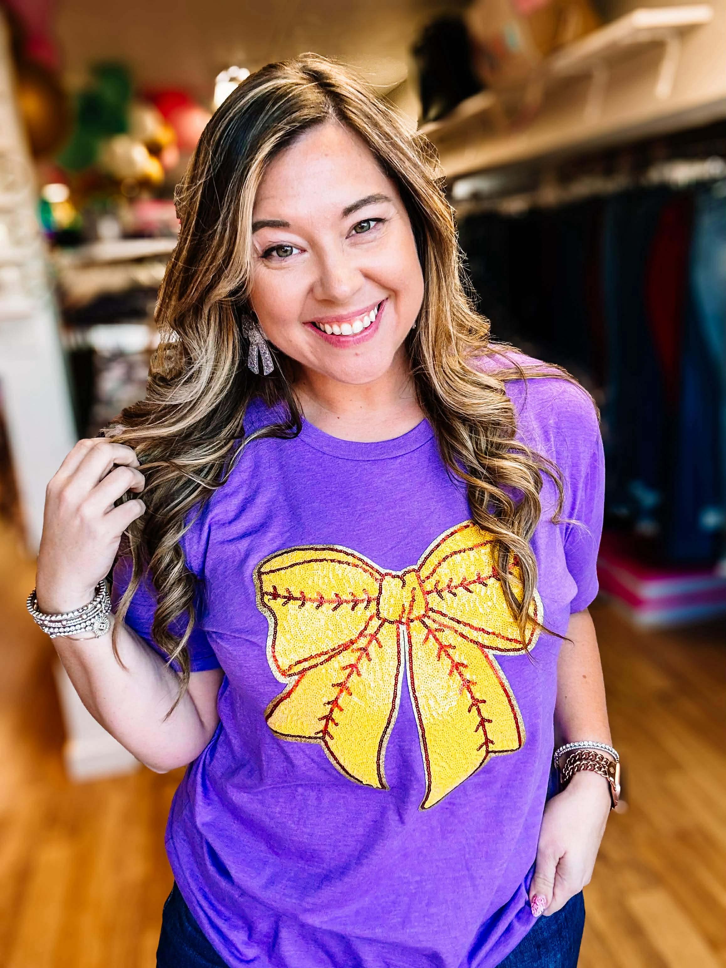 Bases Loaded Softball Bow Tee-Graphic Tops-Dear Me Southern Boutique, located in DeRidder, Louisiana