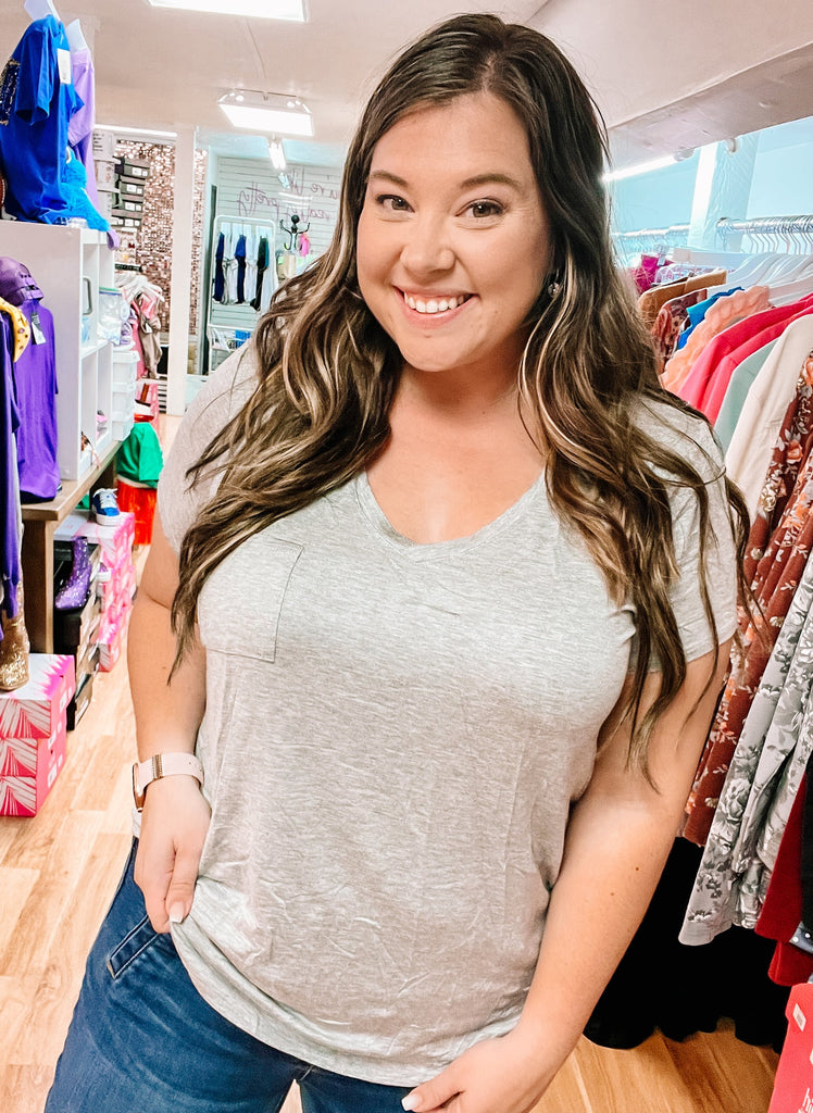 Basic Pocket Tee - Grey-Tops-Dear Me Southern Boutique, located in DeRidder, Louisiana