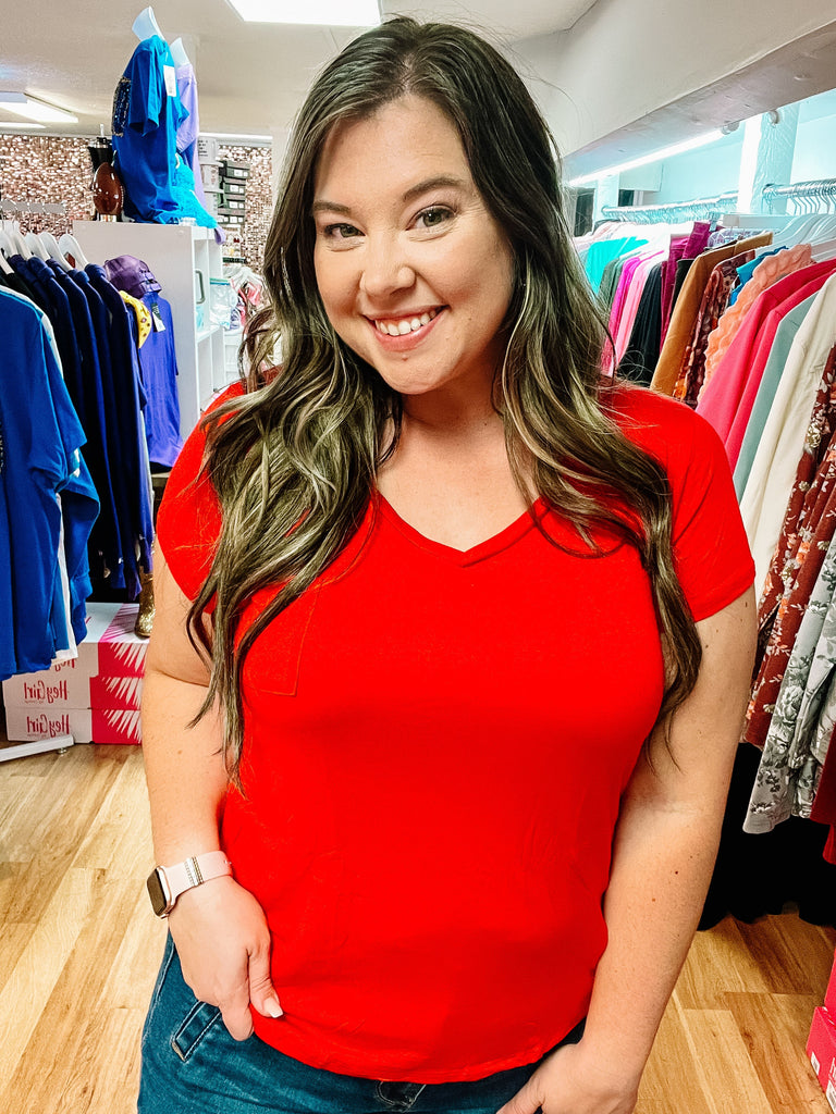 Basic Pocket Tee - Red-Tops-Dear Me Southern Boutique, located in DeRidder, Louisiana