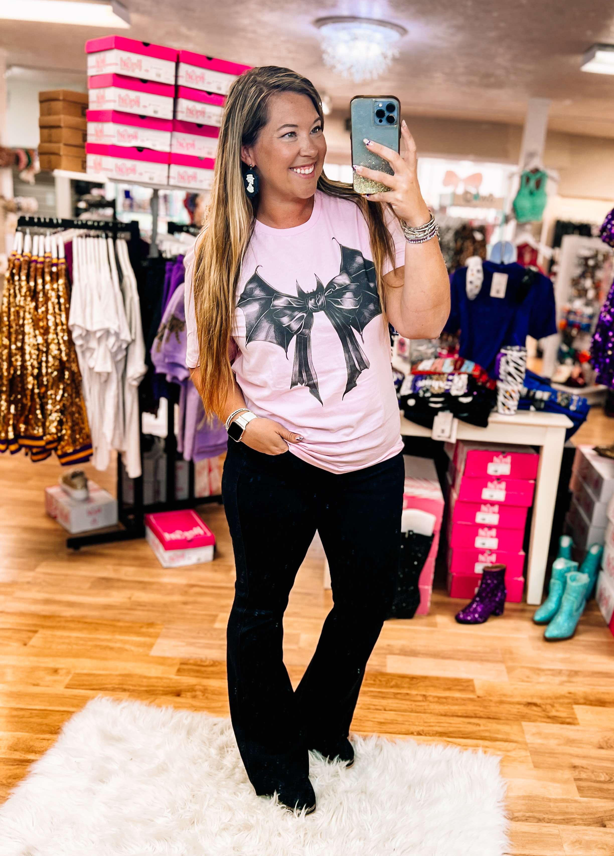 Bat Bow Tshirt-Graphic Tops-Dear Me Southern Boutique, located in DeRidder, Louisiana