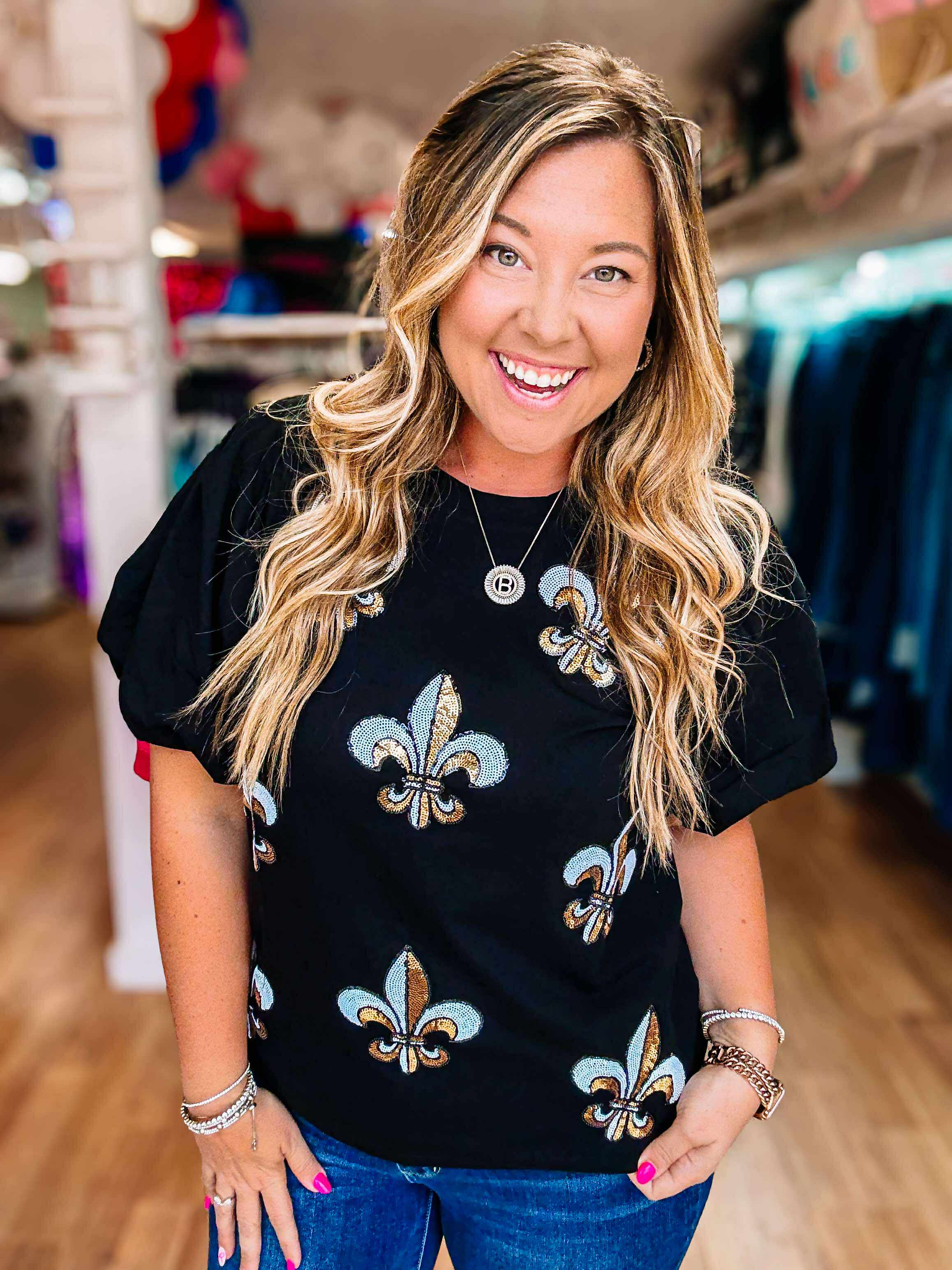 Bayou Blitz Fleur-De-Lis Top-Game Day-Dear Me Southern Boutique, located in DeRidder, Louisiana