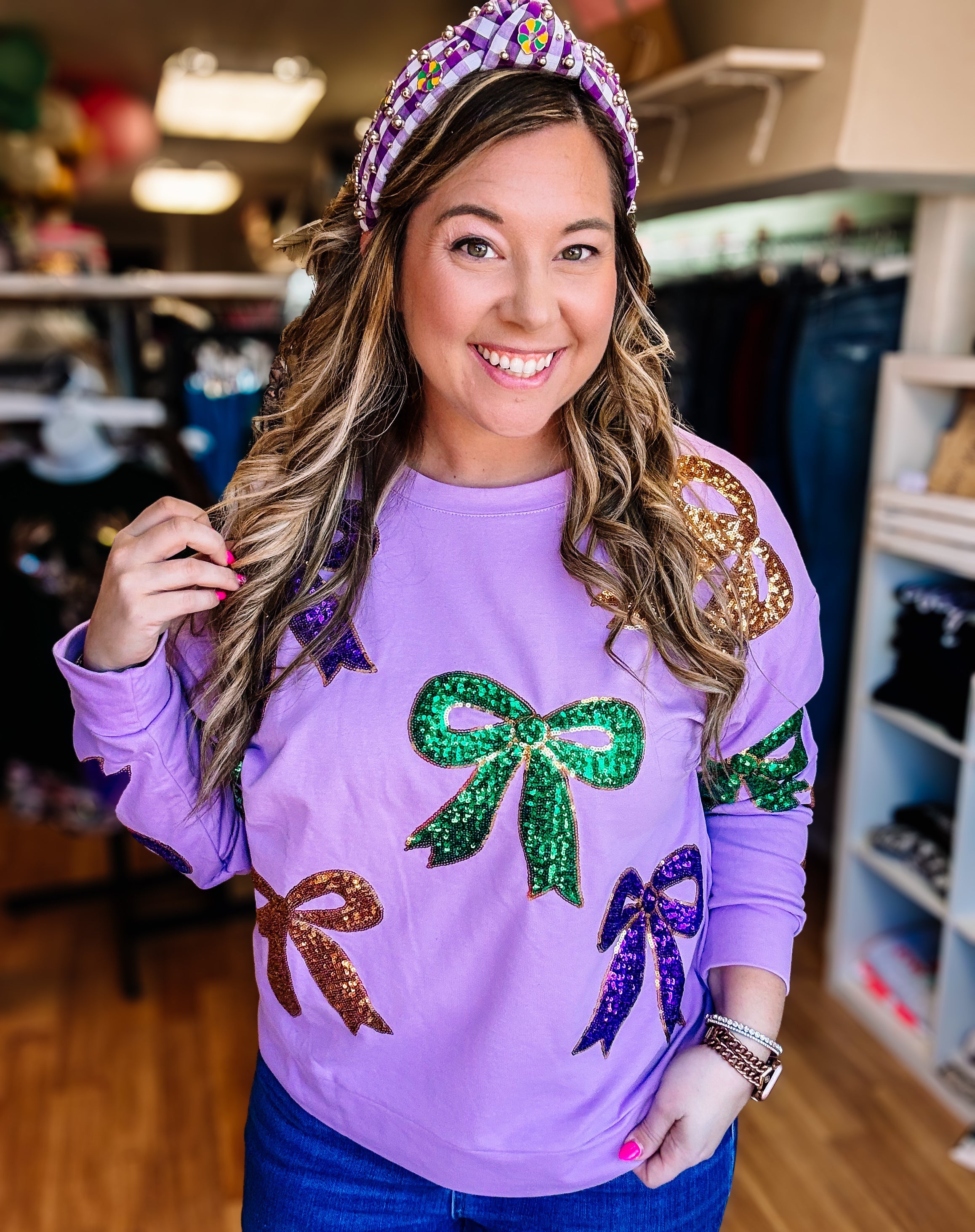 Bayou Bow Beauty Sequin Pullover-Graphic Tops-Dear Me Southern Boutique, located in DeRidder, Louisiana