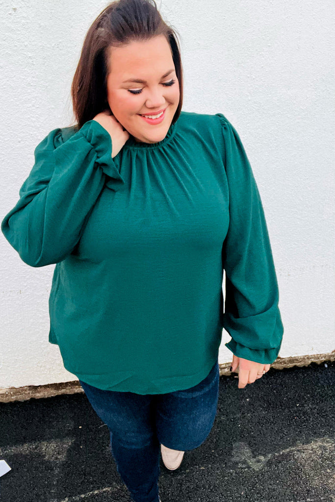 Be Merry Hunter Green Frill Mock Neck Crinkle Top-Dear Me Southern Boutique, located in DeRidder, Louisiana