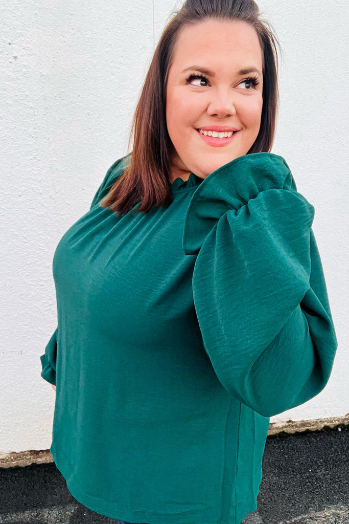 Be Merry Hunter Green Frill Mock Neck Crinkle Top-Dear Me Southern Boutique, located in DeRidder, Louisiana