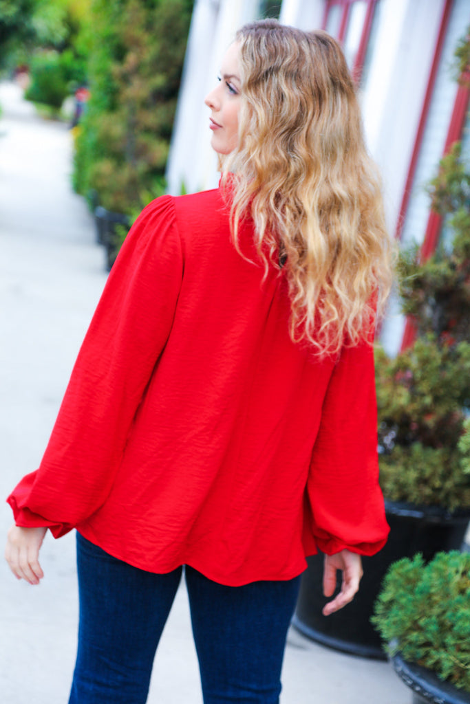 Be Merry Red Frill Mock Neck Crinkle Woven Top-Dear Me Southern Boutique, located in DeRidder, Louisiana
