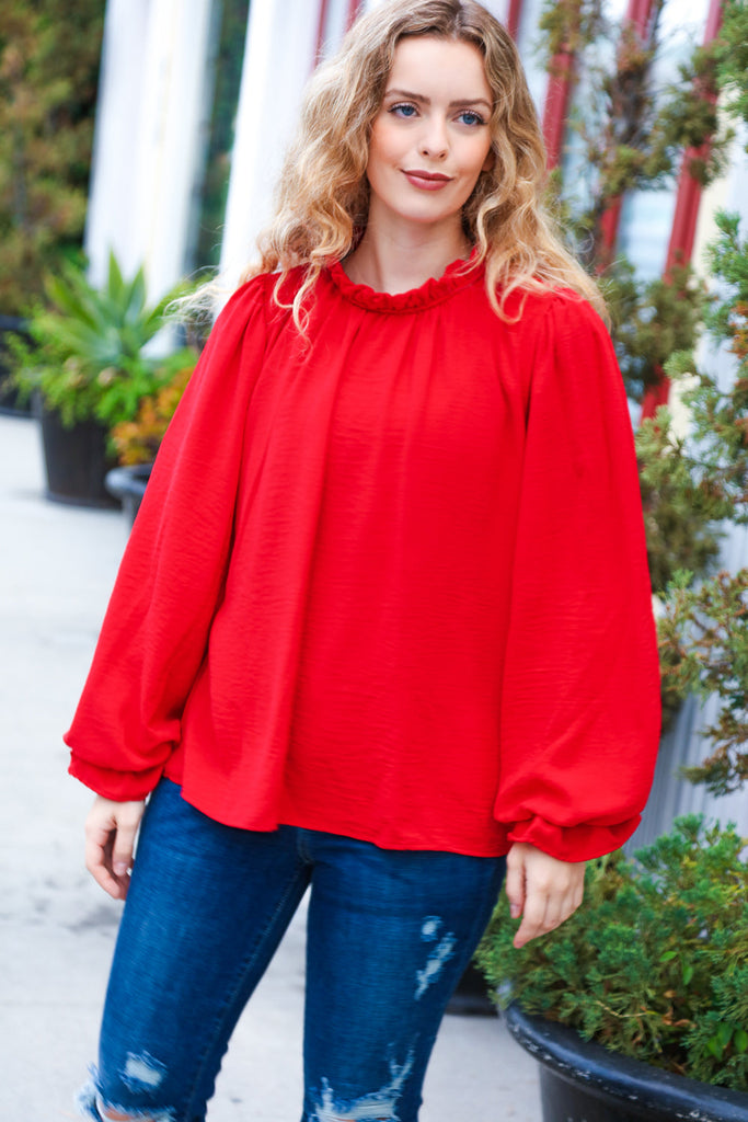 Be Merry Red Frill Mock Neck Crinkle Woven Top-Dear Me Southern Boutique, located in DeRidder, Louisiana