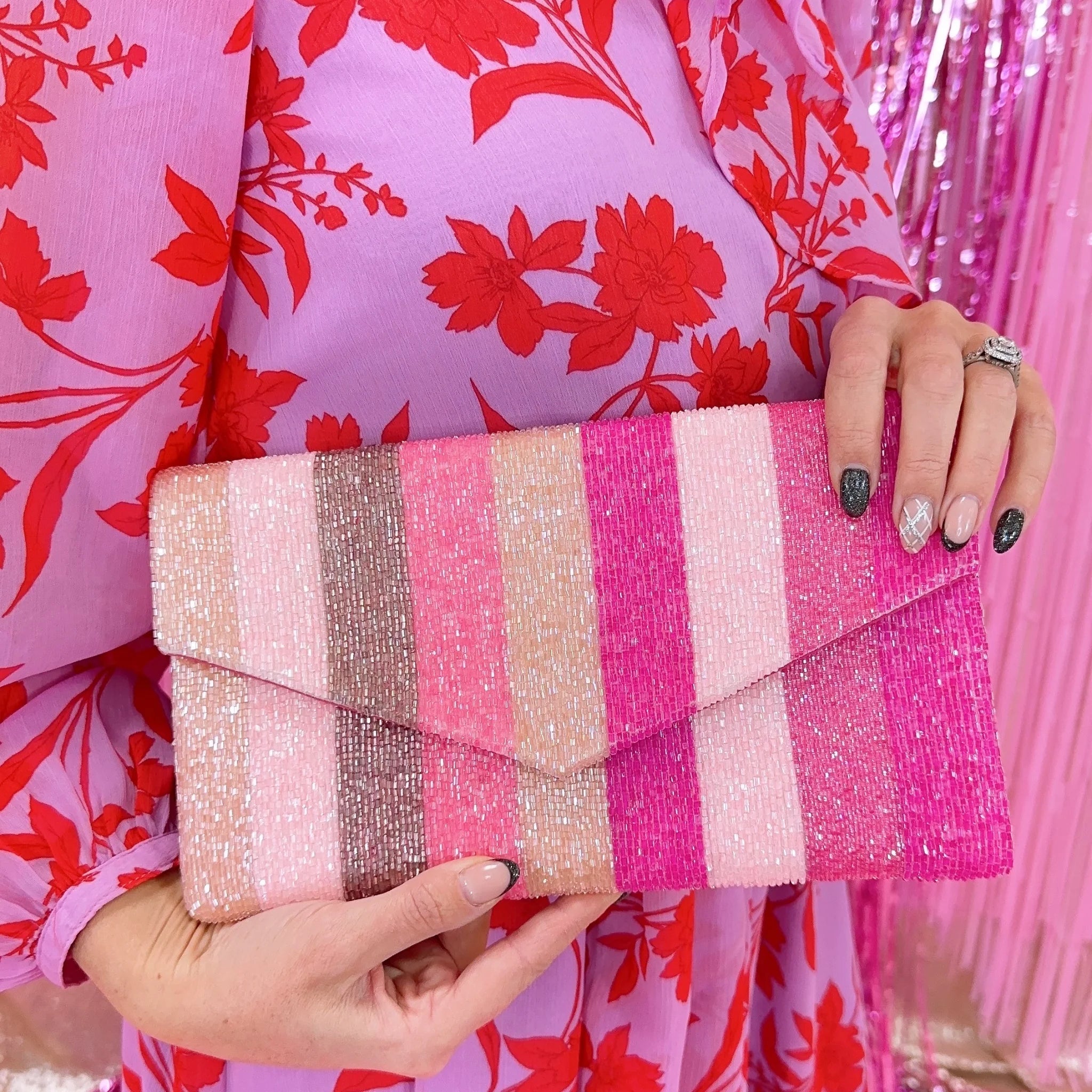 Beaded Stripe Clutch- Pink-Clutch Bags-Dear Me Southern Boutique, located in DeRidder, Louisiana