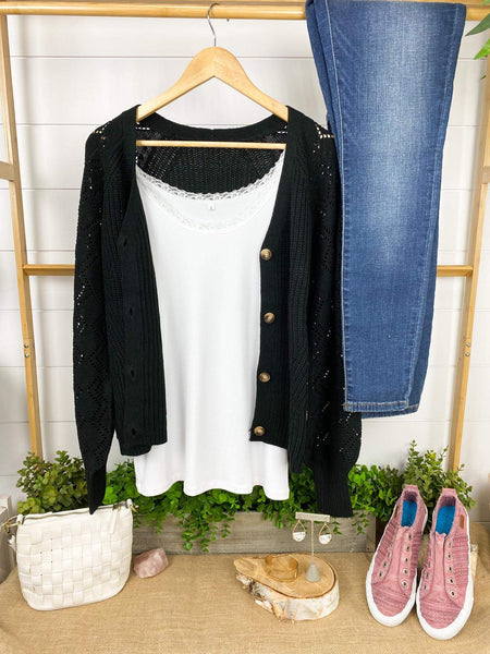 Beverly Button Cardigan- Black (INSTOCK)-Dear Me Southern Boutique, located in DeRidder, Louisiana