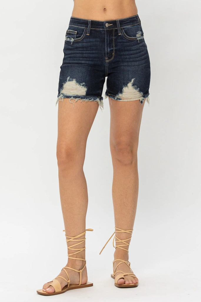 Biker Babe Judy Blue Distressed Shorts-Bottoms-Dear Me Southern Boutique, located in DeRidder, Louisiana