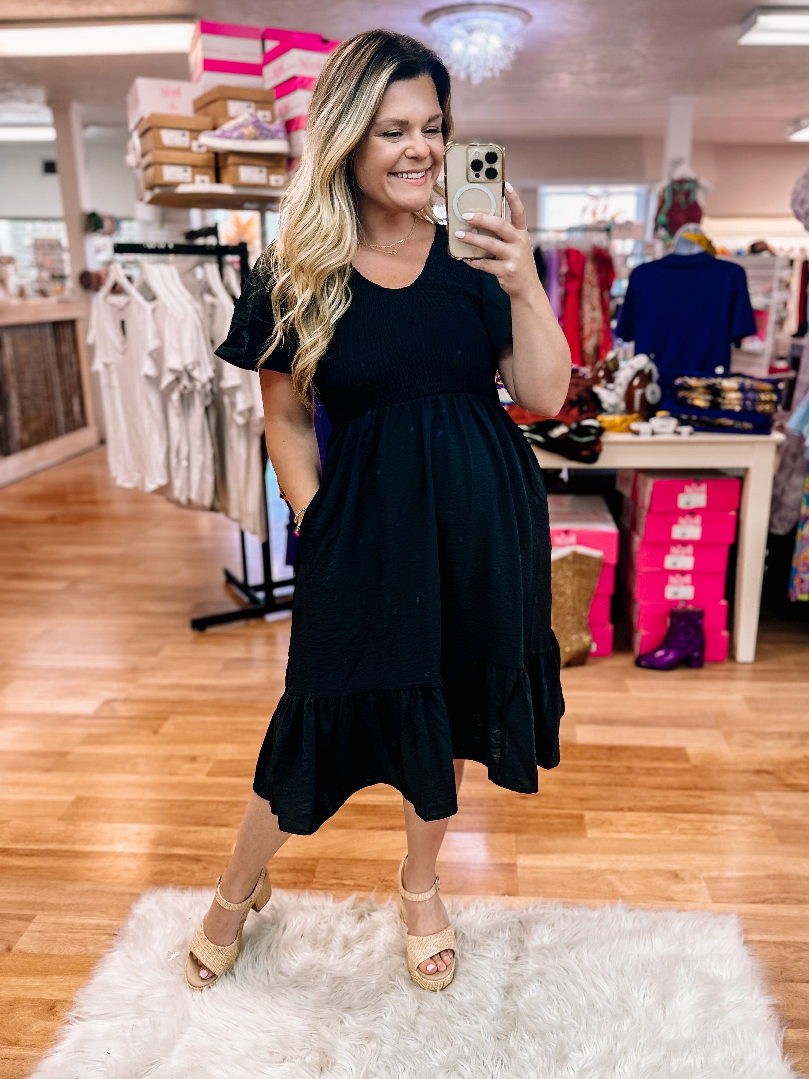 Black Smocked Fit & Flare Dress-Midi Dresses-Dear Me Southern Boutique, located in DeRidder, Louisiana