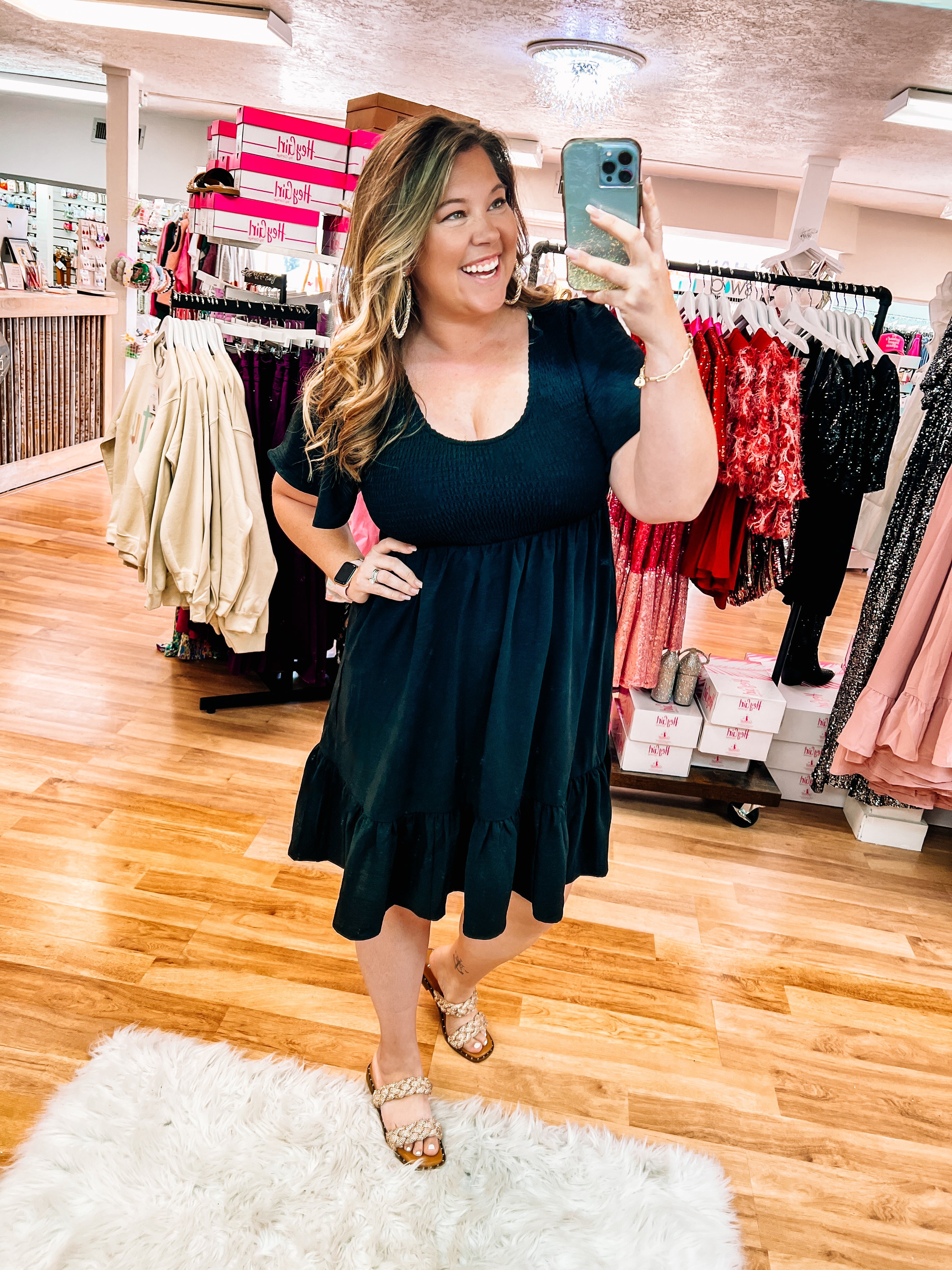 Black Smocked Fit & Flare Dress-Midi Dresses-Dear Me Southern Boutique, located in DeRidder, Louisiana