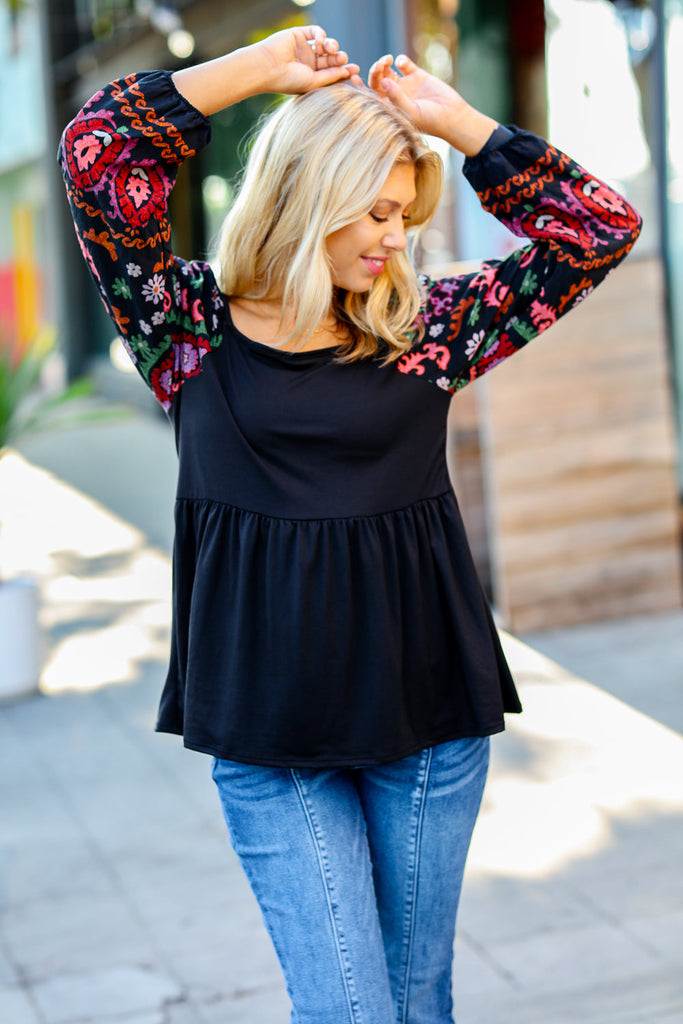 Black Square Neck Dueling Dreams Border Print Blouse-Dear Me Southern Boutique, located in DeRidder, Louisiana