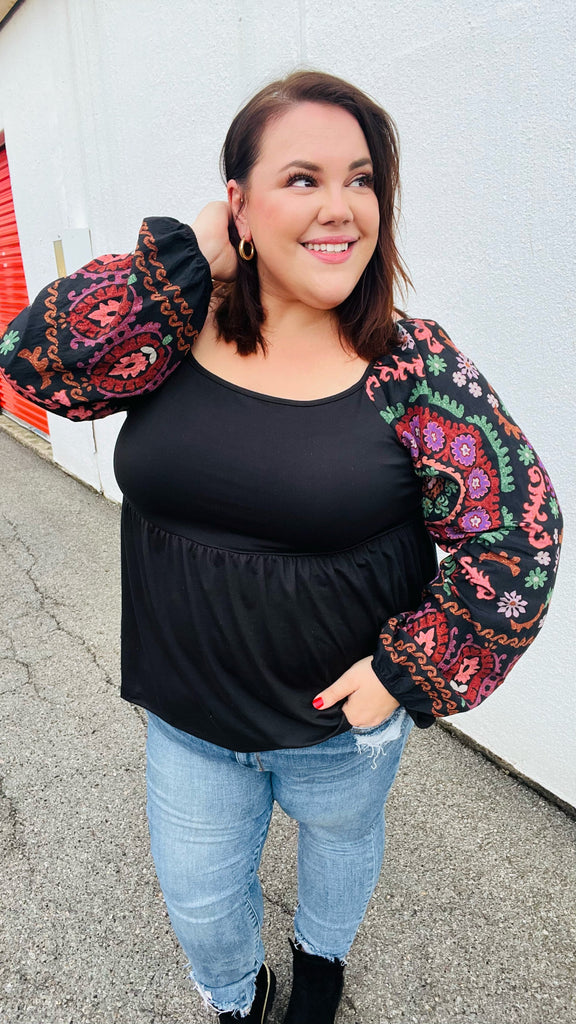 Black Square Neck Dueling Dreams Border Print Blouse-Dear Me Southern Boutique, located in DeRidder, Louisiana