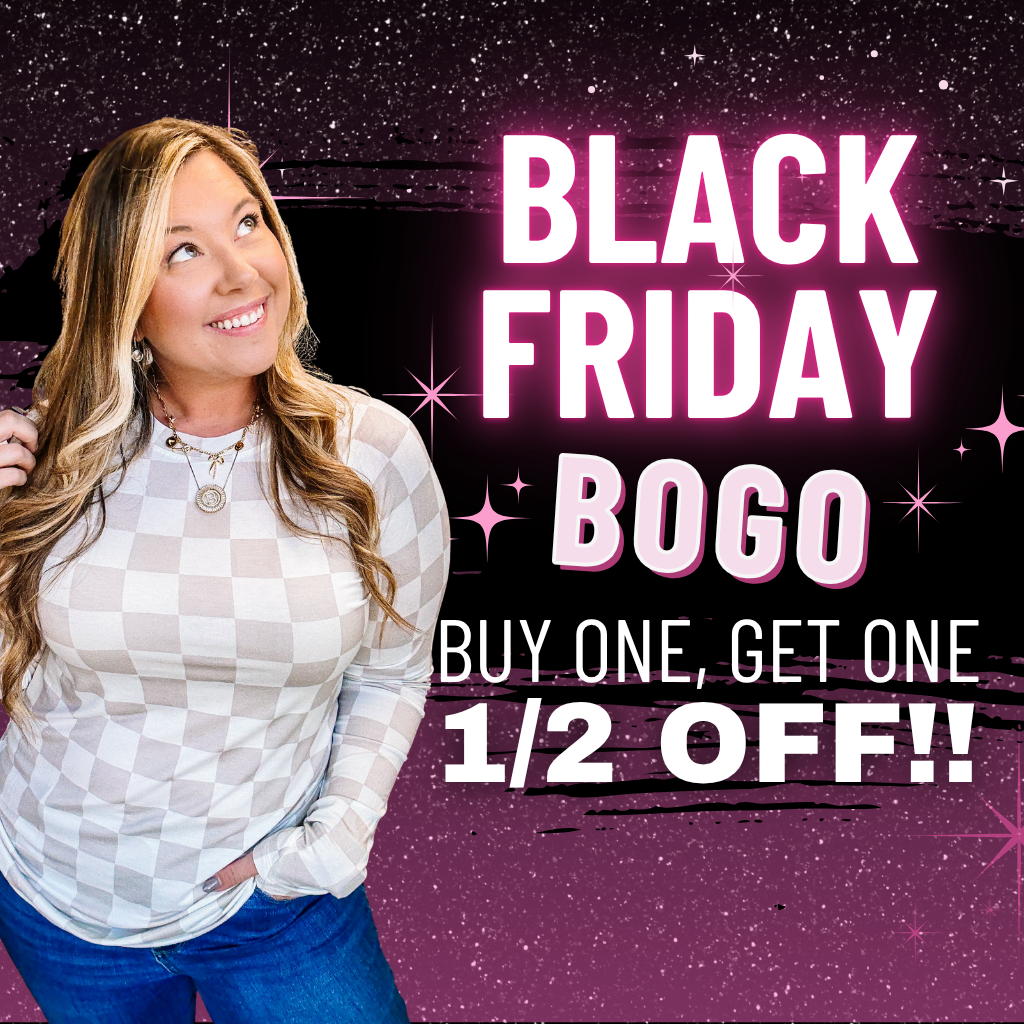 Black Friday promotional banner with a woman and a BOGO offer on a dark background | Black Friday Weekend Sale | Dear ME Southern Boutique | DeRidder, LA