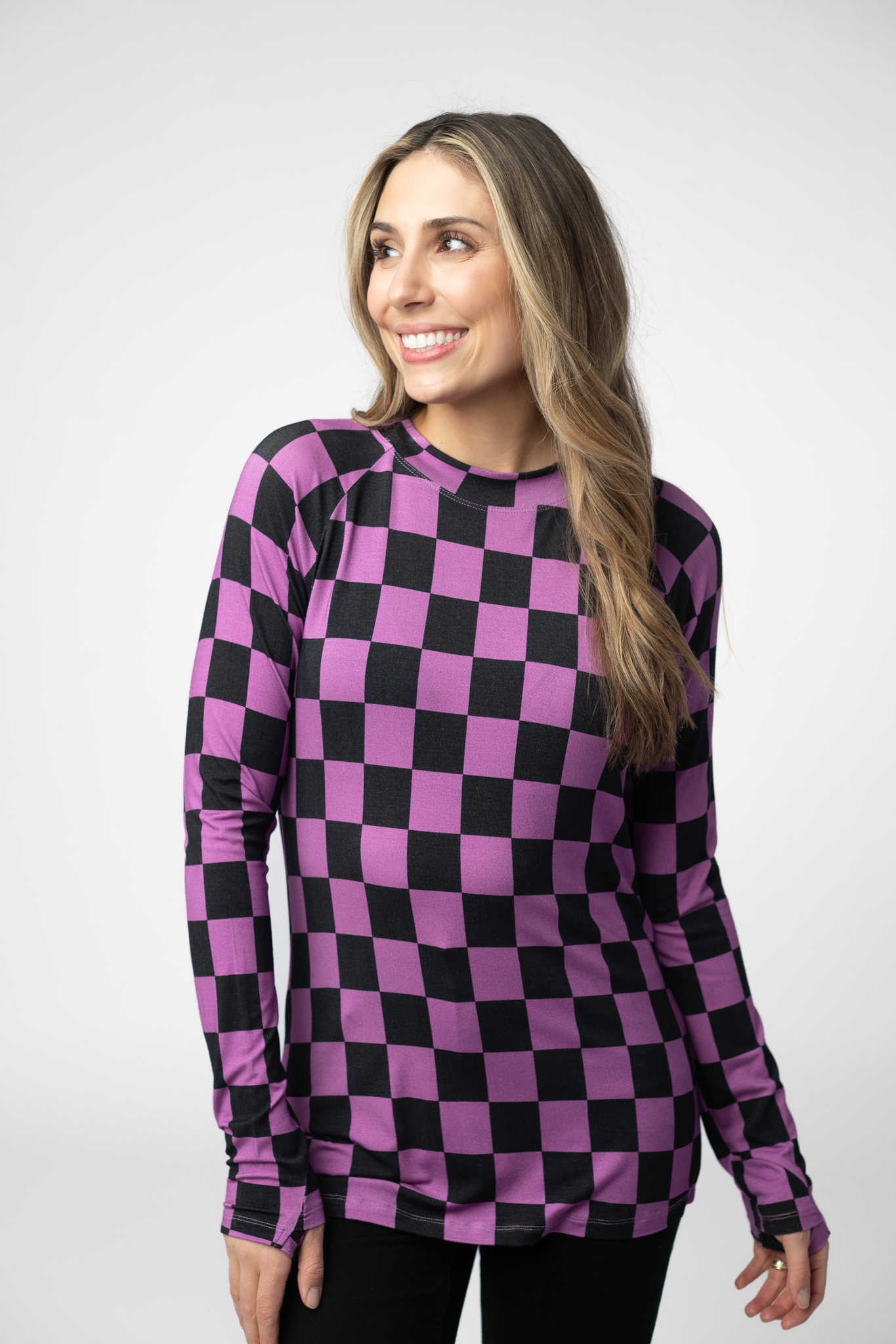 Blair Long Sleeve Top - Black and Purple Checkers-Tops-Dear Me Southern Boutique, located in DeRidder, Louisiana