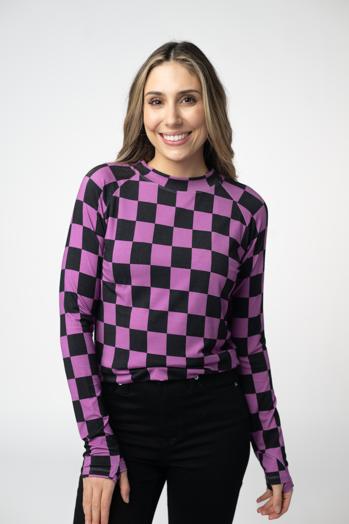 Blair Long Sleeve Top - Black and Purple Checkers-Tops-Dear Me Southern Boutique, located in DeRidder, Louisiana