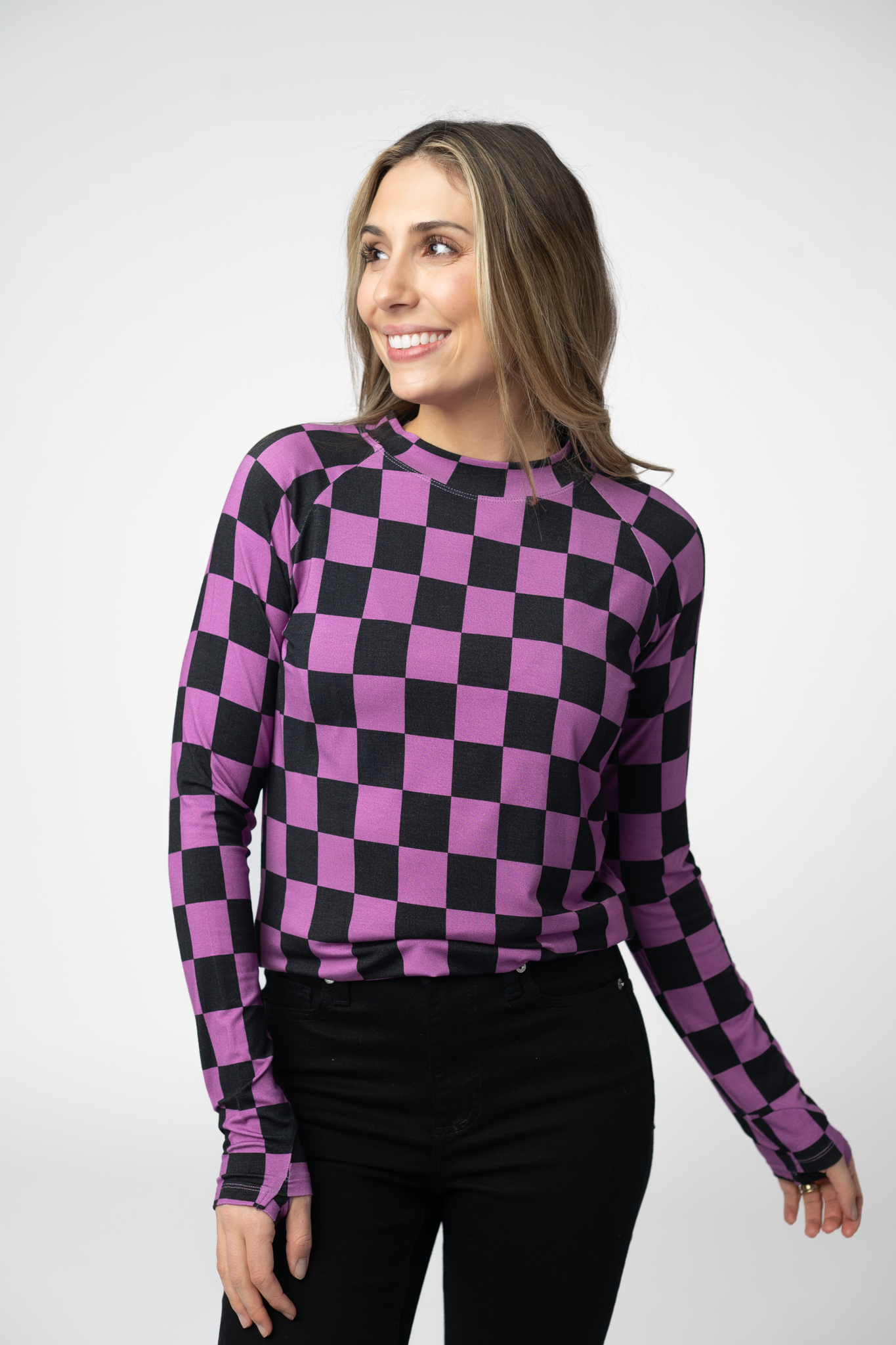 Blair Long Sleeve Top - Black and Purple Checkers-Tops-Dear Me Southern Boutique, located in DeRidder, Louisiana