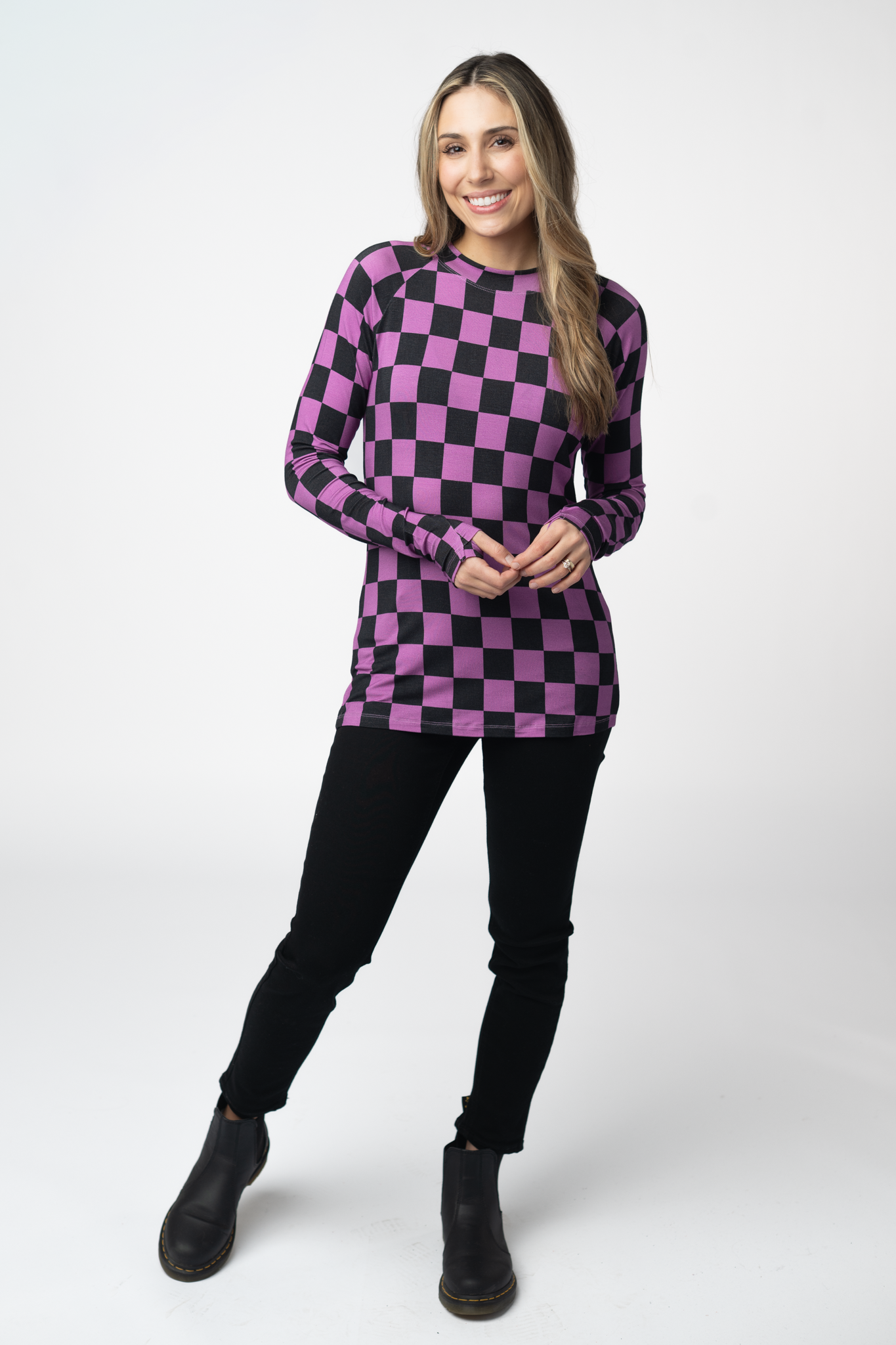 Blair Long Sleeve Top - Black and Purple Checkers-Tops-Dear Me Southern Boutique, located in DeRidder, Louisiana