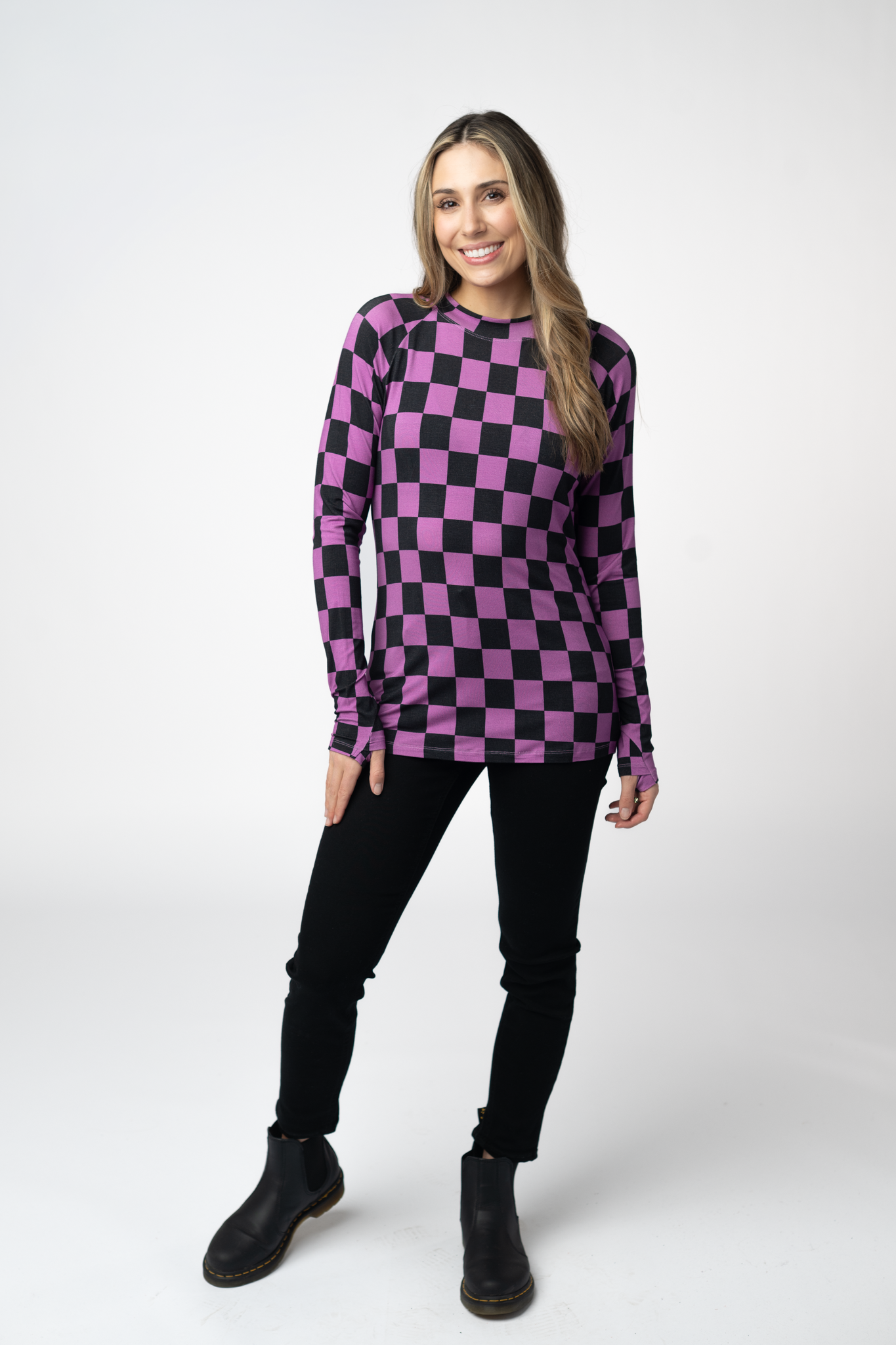 Blair Long Sleeve Top - Black and Purple Checkers-Tops-Dear Me Southern Boutique, located in DeRidder, Louisiana