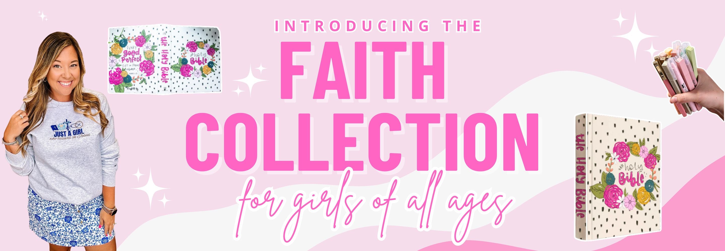 Promotional banner for 'Faith Collection' with a woman, products, and text on a pink background | Dear Me Southern Boutique | DeRidder, LA