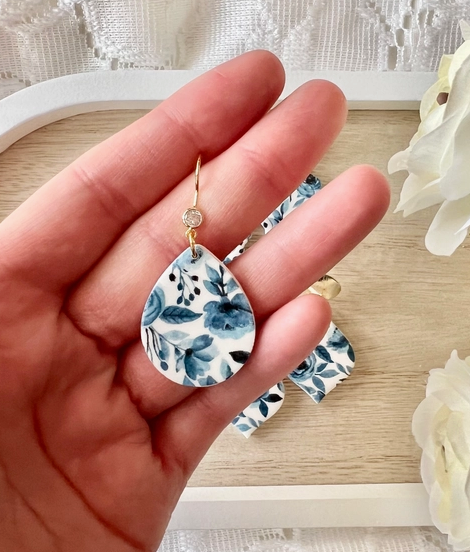 Blue Floral Clay Earrings-Jewelry - Earrings-Dear Me Southern Boutique, located in DeRidder, Louisiana