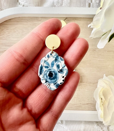 Blue Floral Clay Earrings-Jewelry - Earrings-Dear Me Southern Boutique, located in DeRidder, Louisiana
