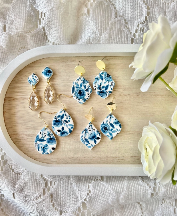 Blue Floral Clay Earrings-Jewelry - Earrings-Dear Me Southern Boutique, located in DeRidder, Louisiana
